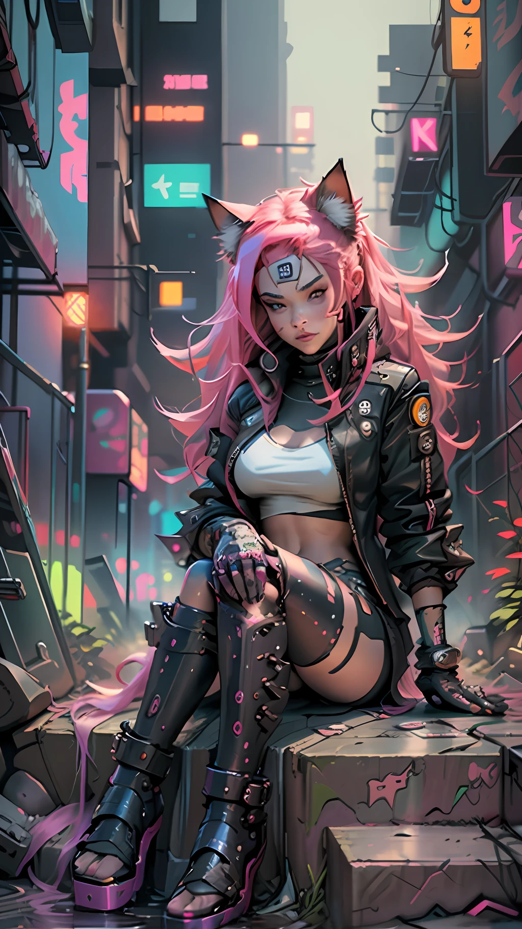 Cyberpunk neko catgirl with cyberpunk prosthetics, cat ears, red tech jacket, big breasts, long pink hair, ((sitting pose)), cyberpunk city streets, futuristic style, Sci-fi, hyper detailed, photorealism, hyper realism, painting, 8K, HD, super resolution , Cinematic lighting, Long Exposure, 8K, HD, Super-Resolution