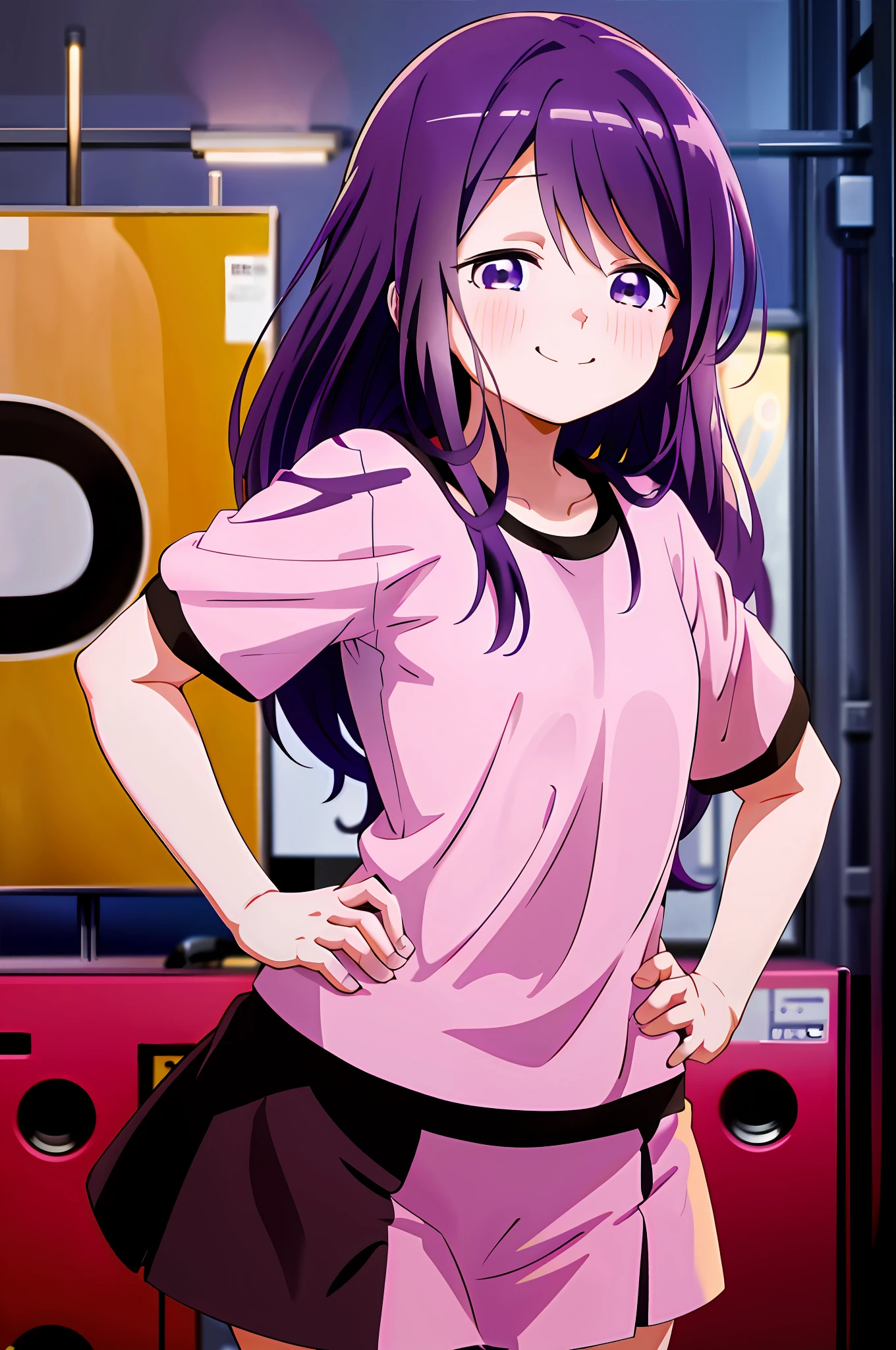 upper body, kubo, 1girl, solo, t-shirt, short sleeves, blush, smile, closed mouth, purple eyes, purple hair, looking at viewer, hands on hips, simple background, heart,