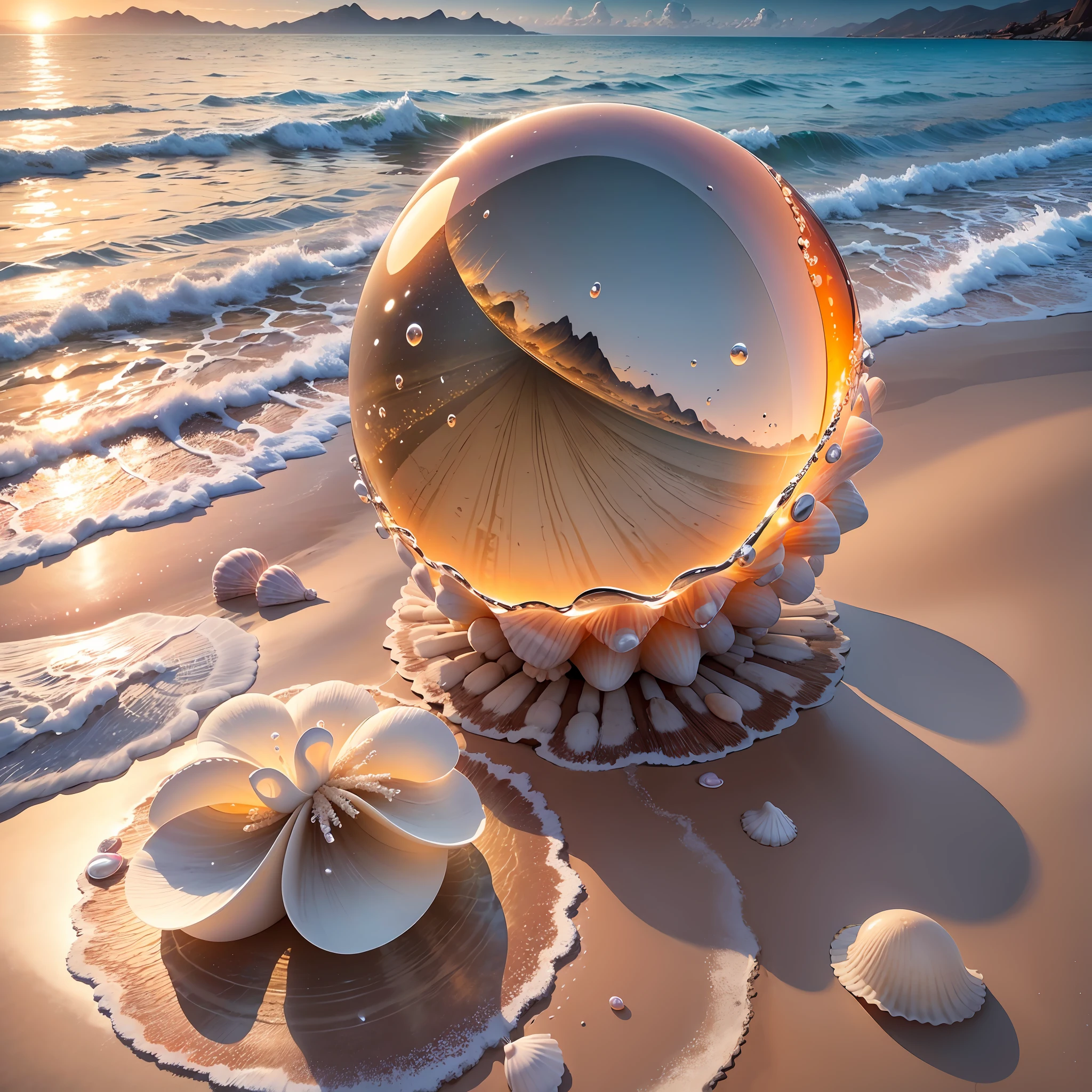 You are challenged to create a realistic image of a shell on the edge of the sea, on a beautiful beach with a lush landscape. The shell is white in color with a soft sheen and contains a delicate pearl inside. The crystal clear sea water is gently touching the shell, enveloping it with white foams and small drops of water. The sun is setting on the horizon, painting the sky with orange and gold hues, while its reflections shine on the surface of the sea. The beach is composed of fine, clear sand, decorated with shells and small waves crumbling into the sand. The surrounding landscape is lush, with coconut trees, tropical plants and distant mountains. Create an image that captures the serenity, natural beauty and harmony between the shell, the pearl, the sea and the beach, in a magical scene in the late afternoon." --auto --s2