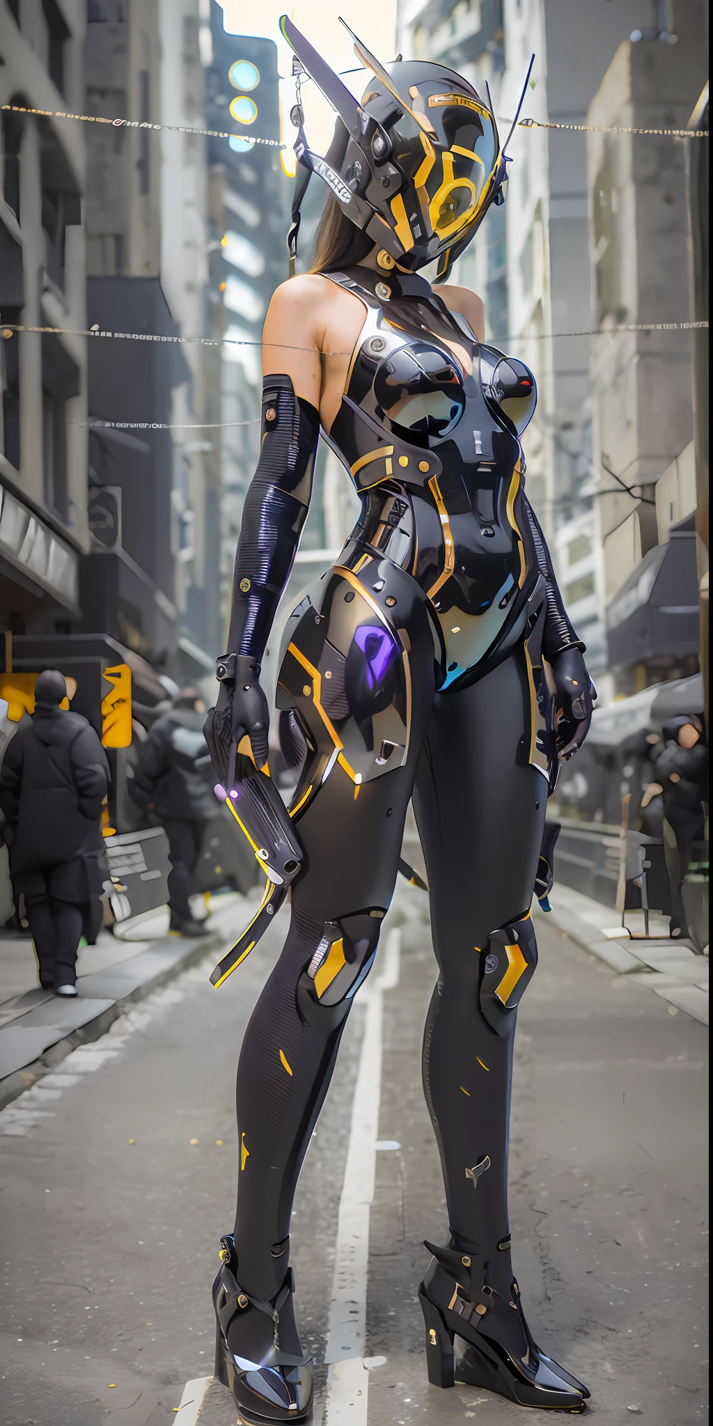 Original, masterpiece, high quality, cyborg woman full body,in a black circle illuminates the cybernetic helmet with silver ears, black and gold glossy short dress, on the moon, on the street roma