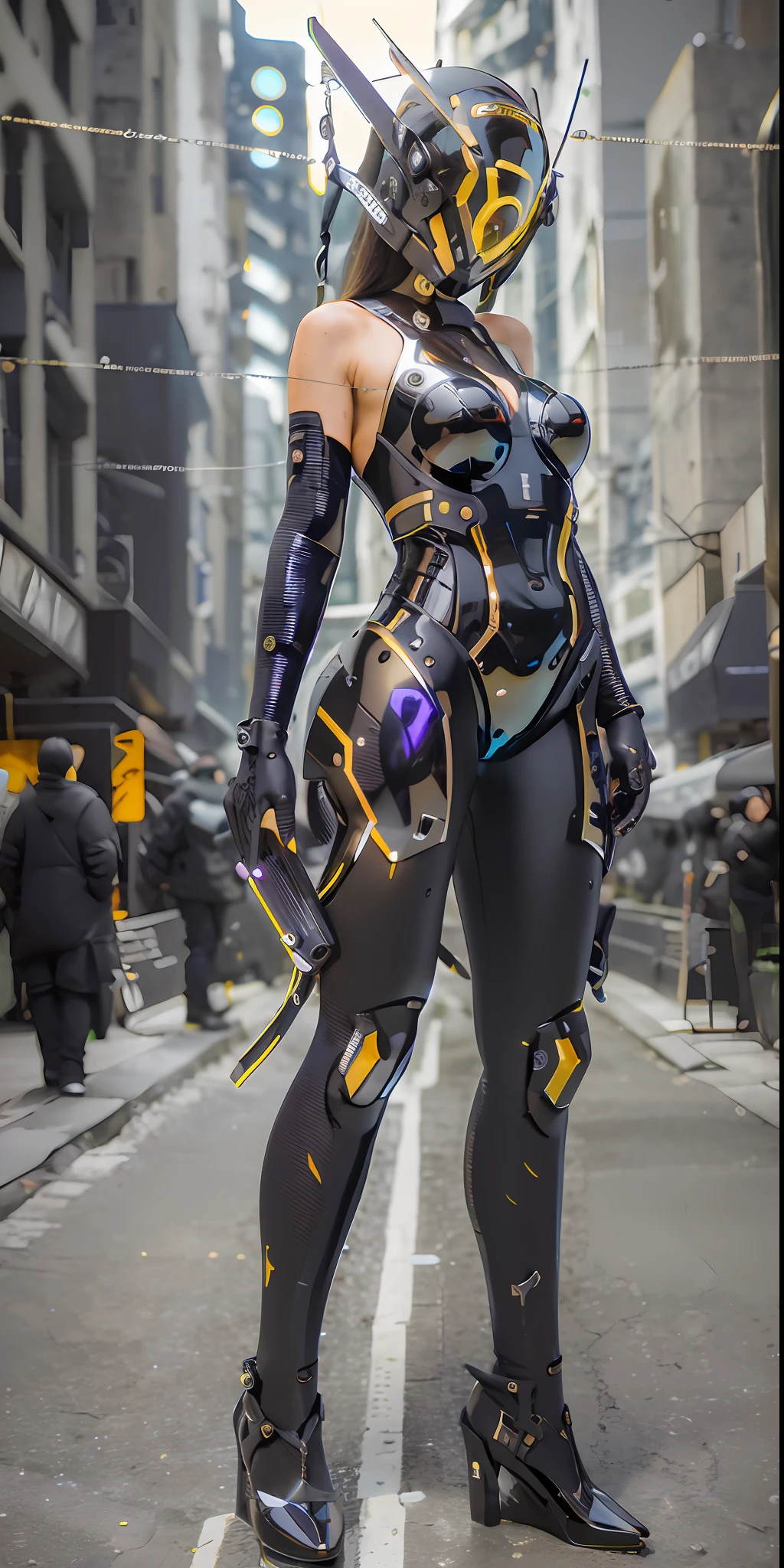 Original, masterpiece, high quality, cyborg woman full body,in a black circle illuminates the cybernetic helmet with silver ears, black and gold glossy short dress, on the moon, on the street roma