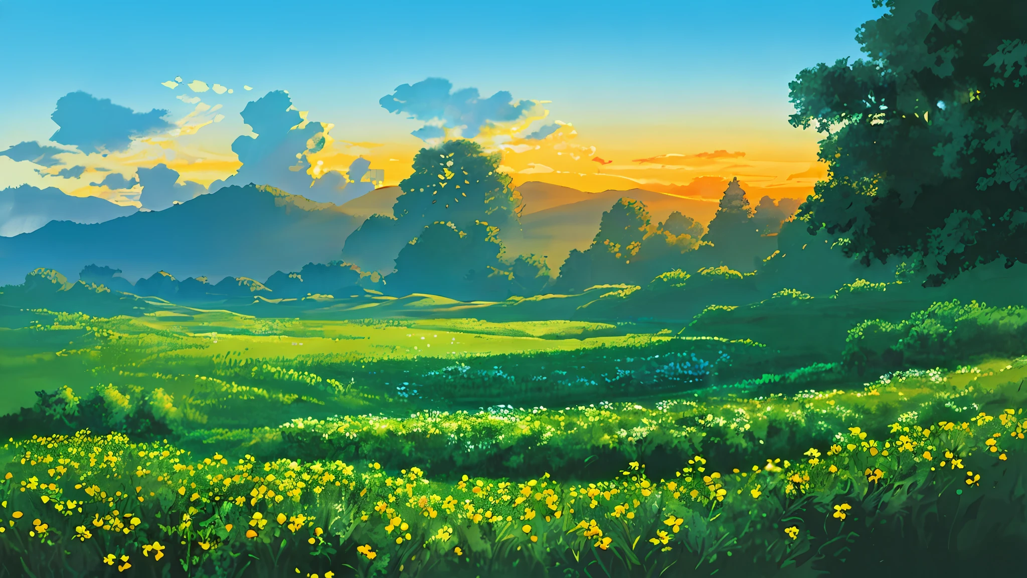 outdoor in the golden hour
Background Ghibli style village,
(fujifilm 16k) ,hyperrealistic, intricate detail, autolevel, dark, art nouveau, dramatic, desaturated, (expansive), intricate (Absurdres, Cinematic, UHD, higher, ultra detailed, ultra detailed), blue sky, cloud in the sky, green field, city, (big tree on the midle), sunset, ultra detailed city, ultra detailed flower field, ultra detailed tree