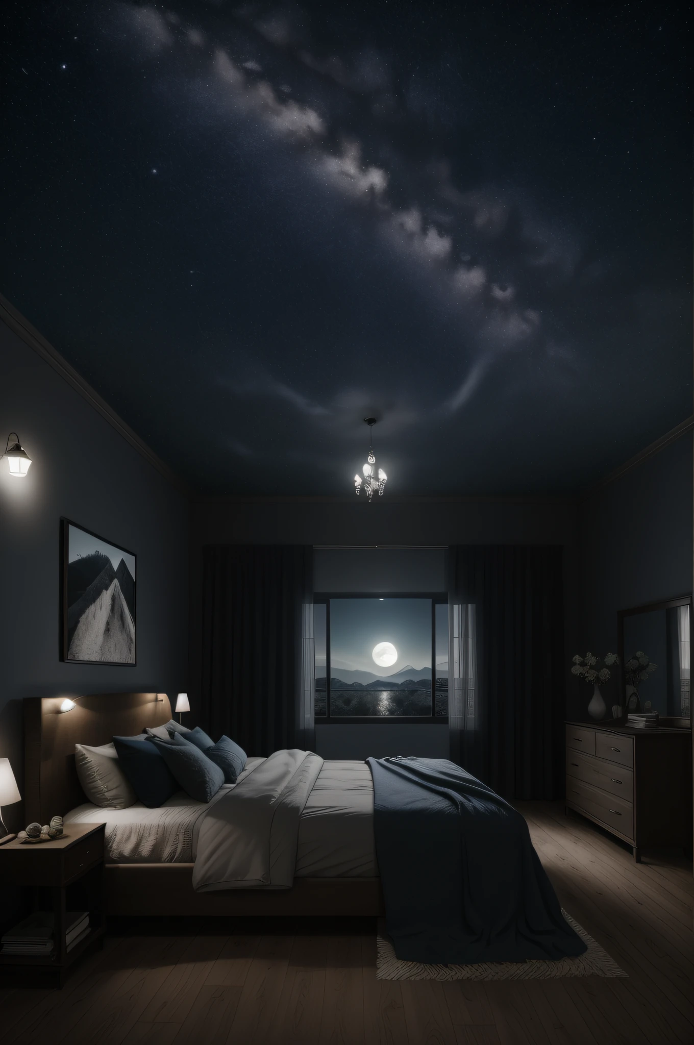 night, dark, moonlight, big bed, lots of blankets, landraw, nigth, soft light, (masterpiece),(high quality), best quality, real,(realistic), super detailed, (full detail),(4k),8k,interior,bedroom, dark room, nigth