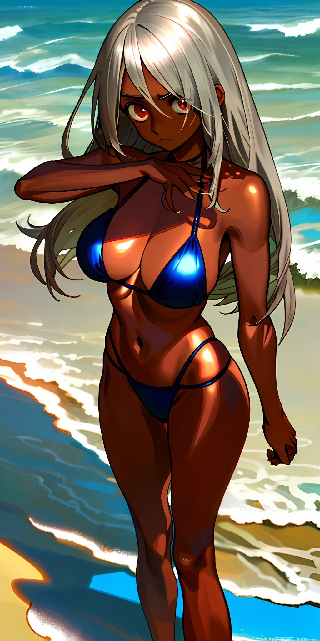 (masterpiece, top quality), silver-haired, brown-skinned, beachy, embarrassed, female, semi-short, dark blue bikini, red eye, detailed eyes, big breasts, thin waist, chest-hugging, one-eyed, high-legged, juvenile