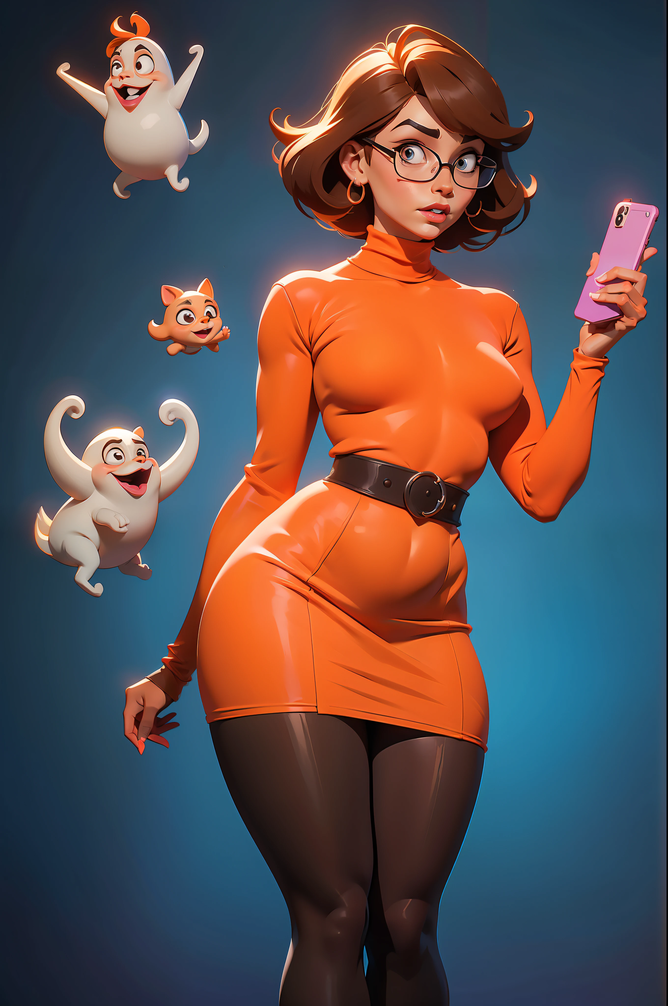 (((perfect body))), (((voluptuous))), (((hot))), thick thighs, Velma Dace Dinkley (from the Scooby-Doo series), posing for self with a ghost behind her, arm stretched out for freight as if she were holding a cell phone, comedic scene, perfect body, gorgeous and intelligent face, front view, mini skirt, glasses, big breasts, hot, short brown hair, orange turtleneck blouse, red skirt, from the waist up