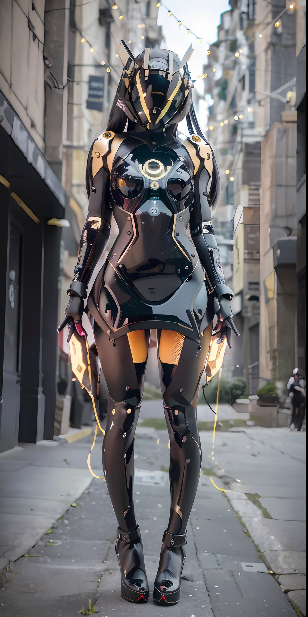 Original, masterpiece, high quality, cyborg woman full body,in a black circle illuminates the cybernetic helmet with silver ears, black and gold glossy short dress, on the moon, on the street roma