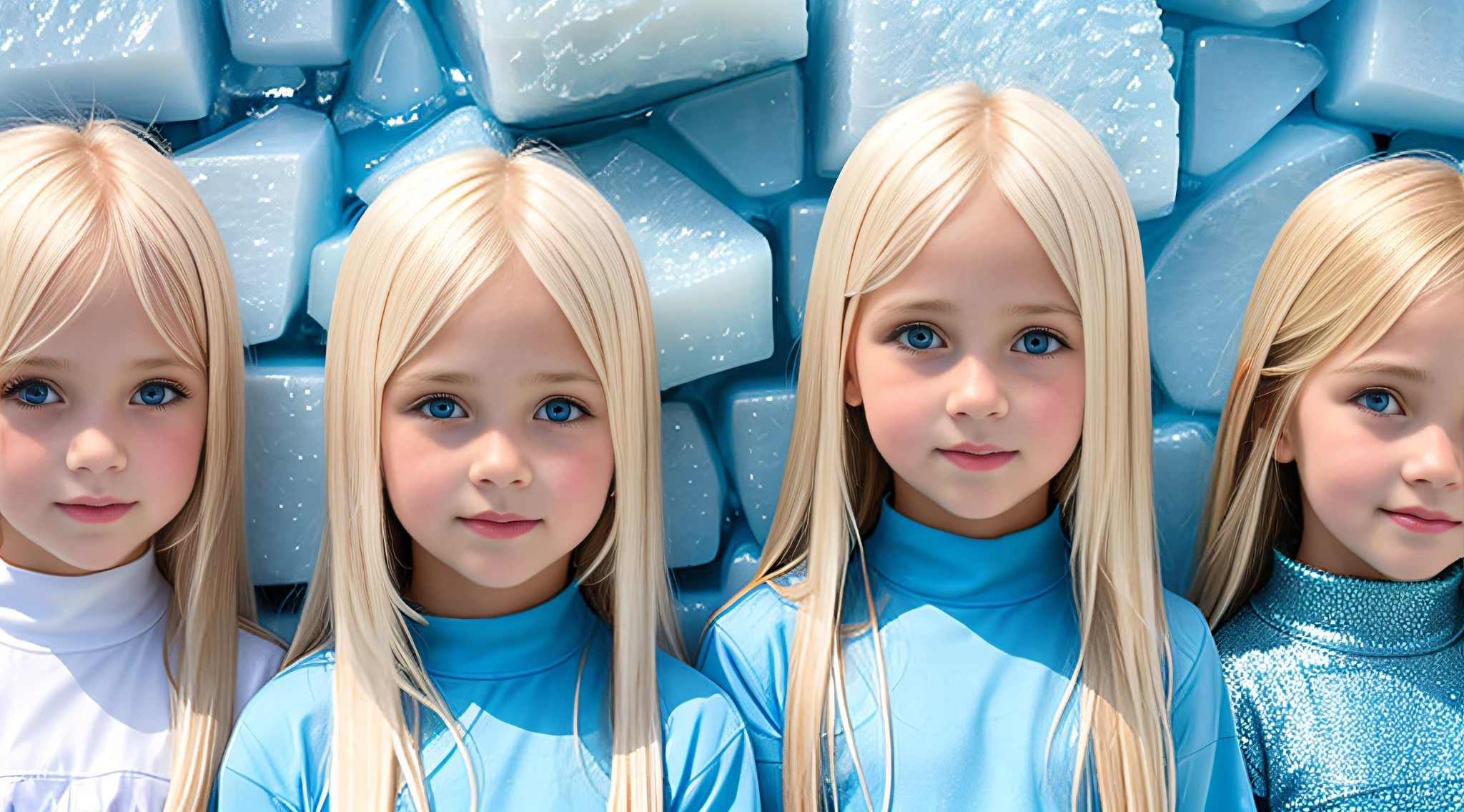 girls blonde children WITH STRAIGHT HAIR, BACKGROUND blue peroil, ice very ice.