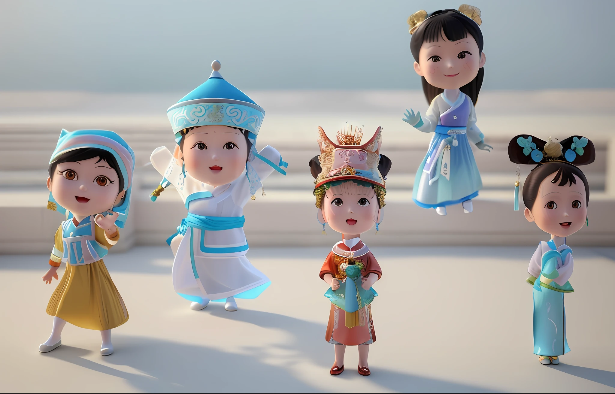 There are six cartoon characters standing together, beautiful rendering of the Tang Dynasty, wearing ancient Chinese costumes, 3D characters, palaces, girls in Hanfu, cute 3D rendering, ancient Chinese art style, Chinese costumes, animated characters, 3D rendering stylized, princesses of ancient Asian dynasties,