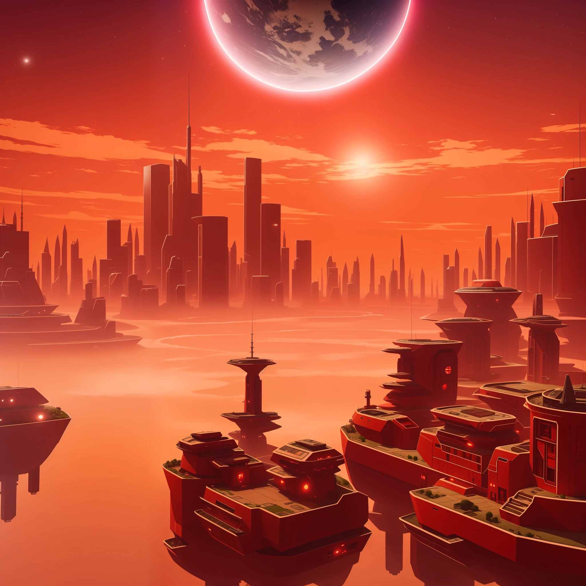 A floating city in the sky of a planet with a dense, red atmosphere. --auto --s2