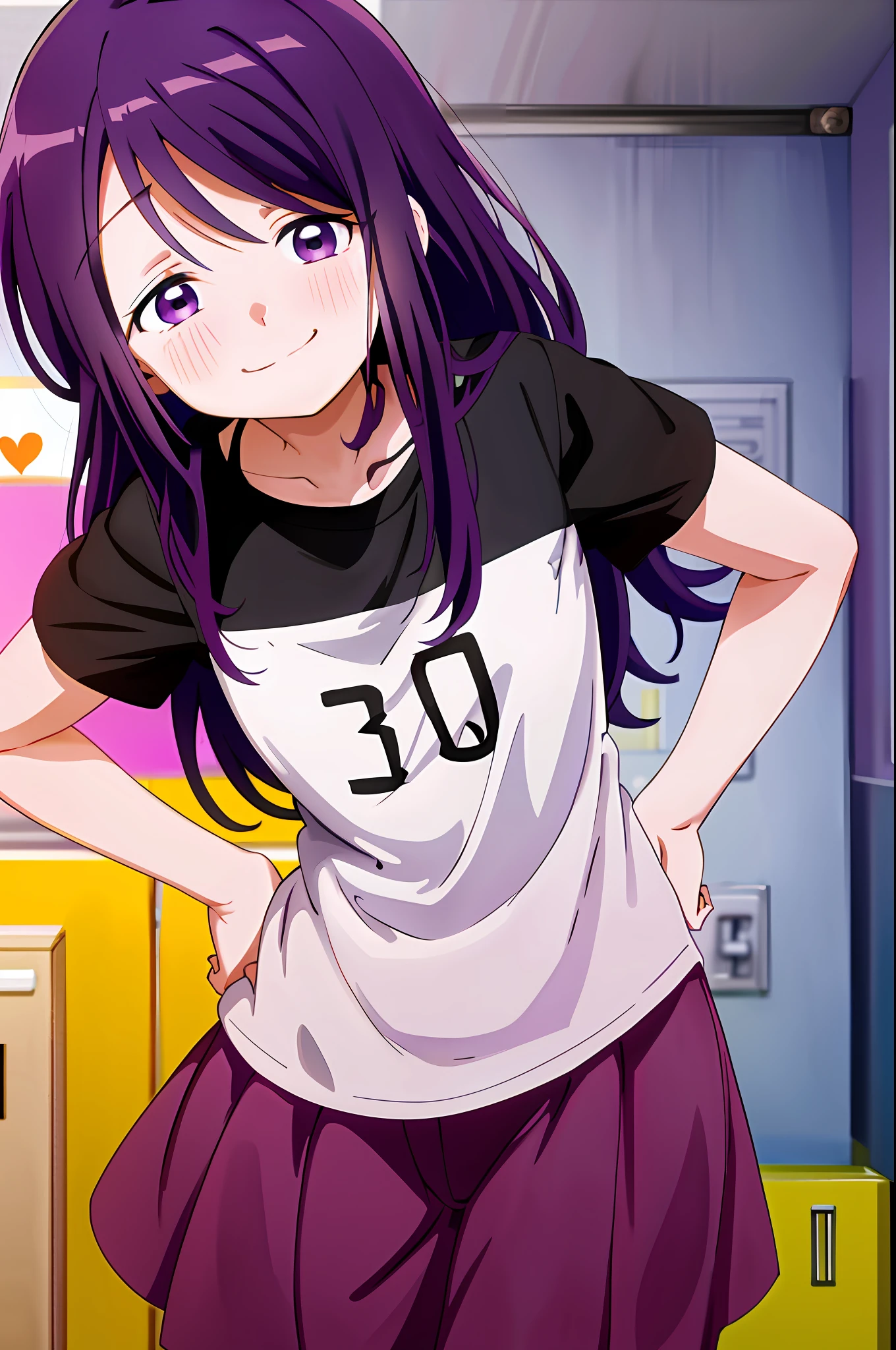 upper body, kubo, 1girl, solo, t-shirt, short sleeves, blush, smile, closed mouth, purple eyes, purple hair, looking at viewer, hands on hips, simple background, heart,