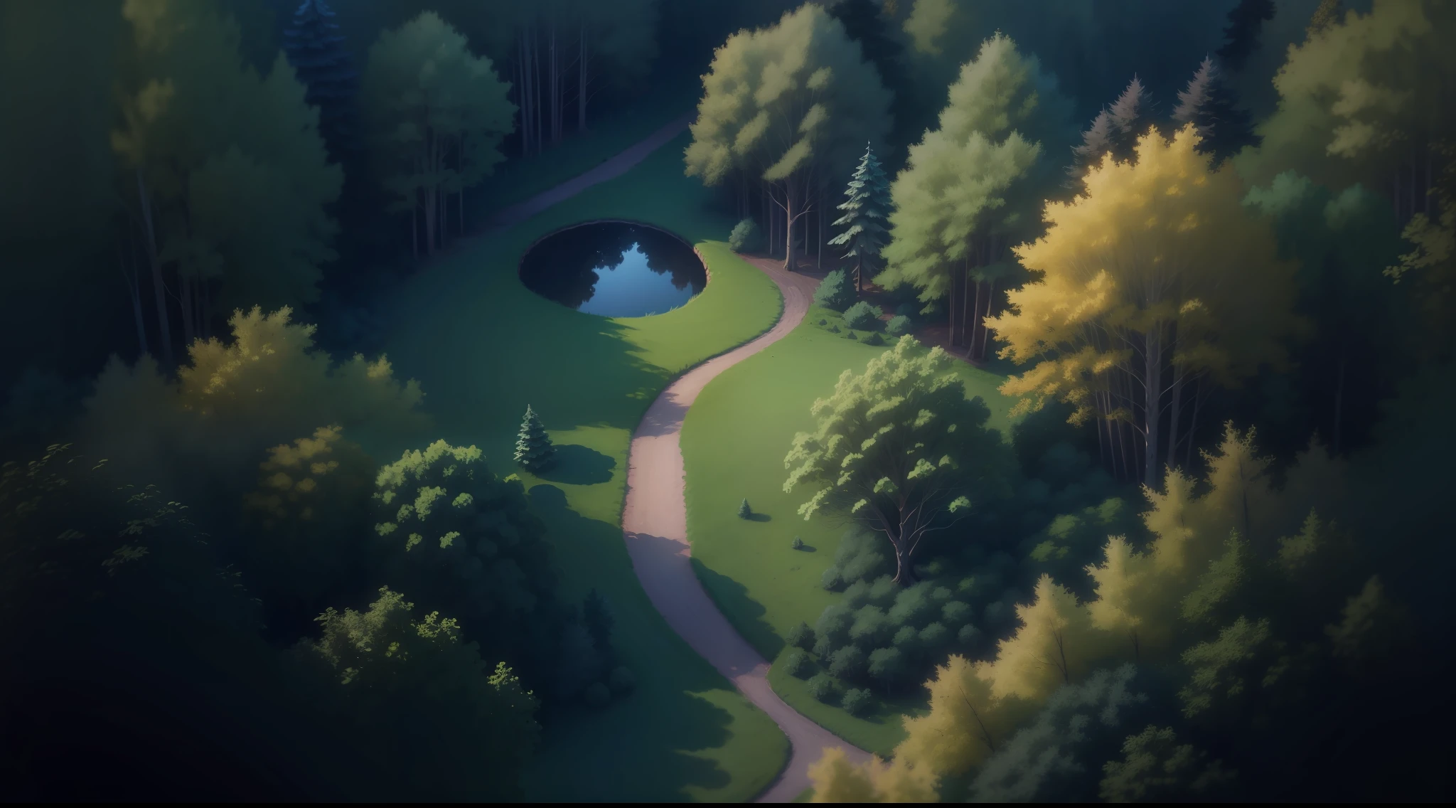 enchanted forest landscape view from above, intricate details, 8k, uhd, severe low lighting, high quality, sharp focus, fujifilm XT3, drawing style