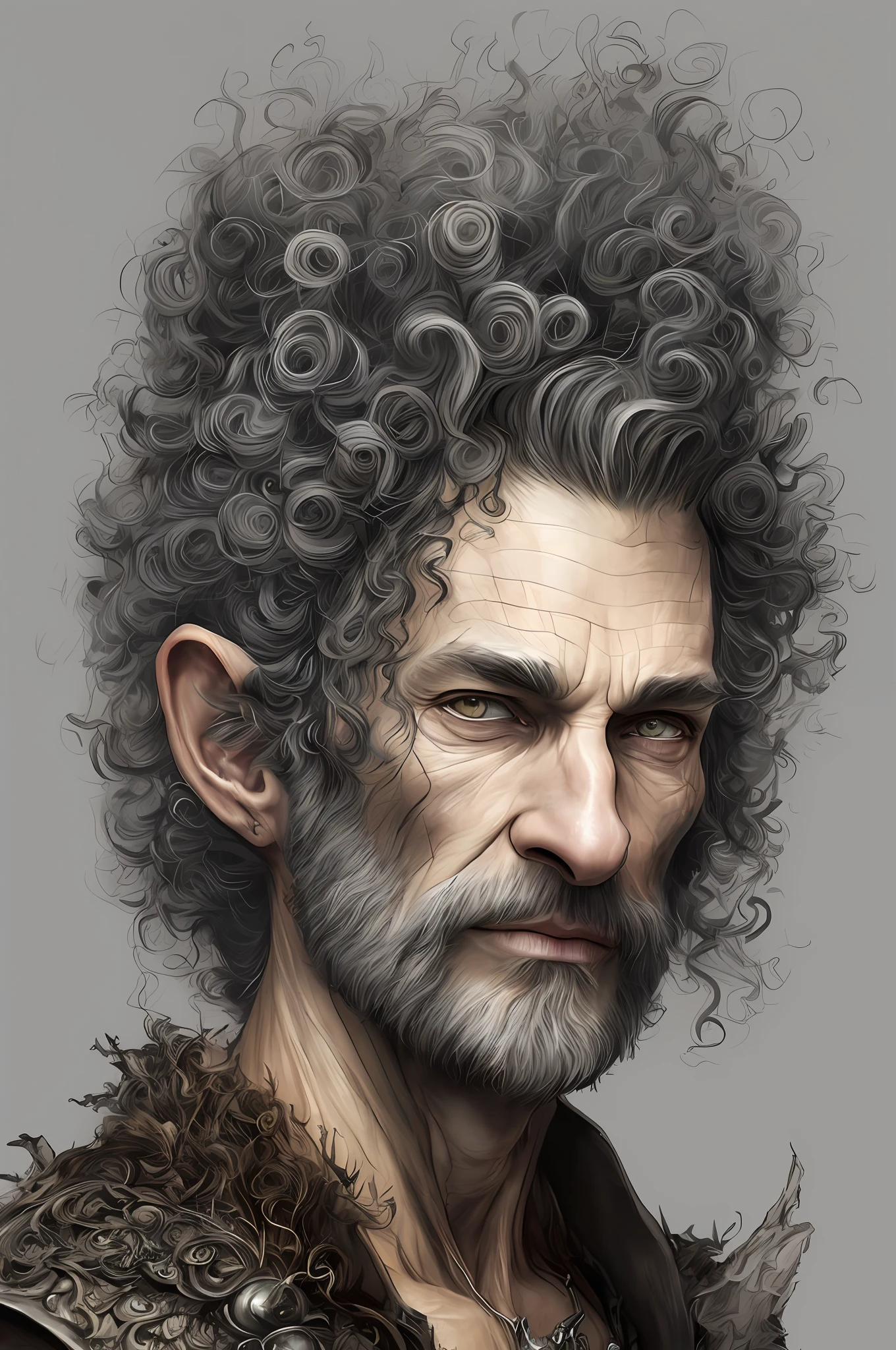 Detailed Angle ((dnd dnd druid man portrait)), Continuation, HD, (oil painting: 1.1), (comic art style: 1.5), (ink outline: 1.3), Impressive, Character, Portrait, (((Looking sideways)), angular features (dark grey curly curly bob hair), (muted natural colors: 1.3) in the pictorial style of Jean Baptiste Monge.