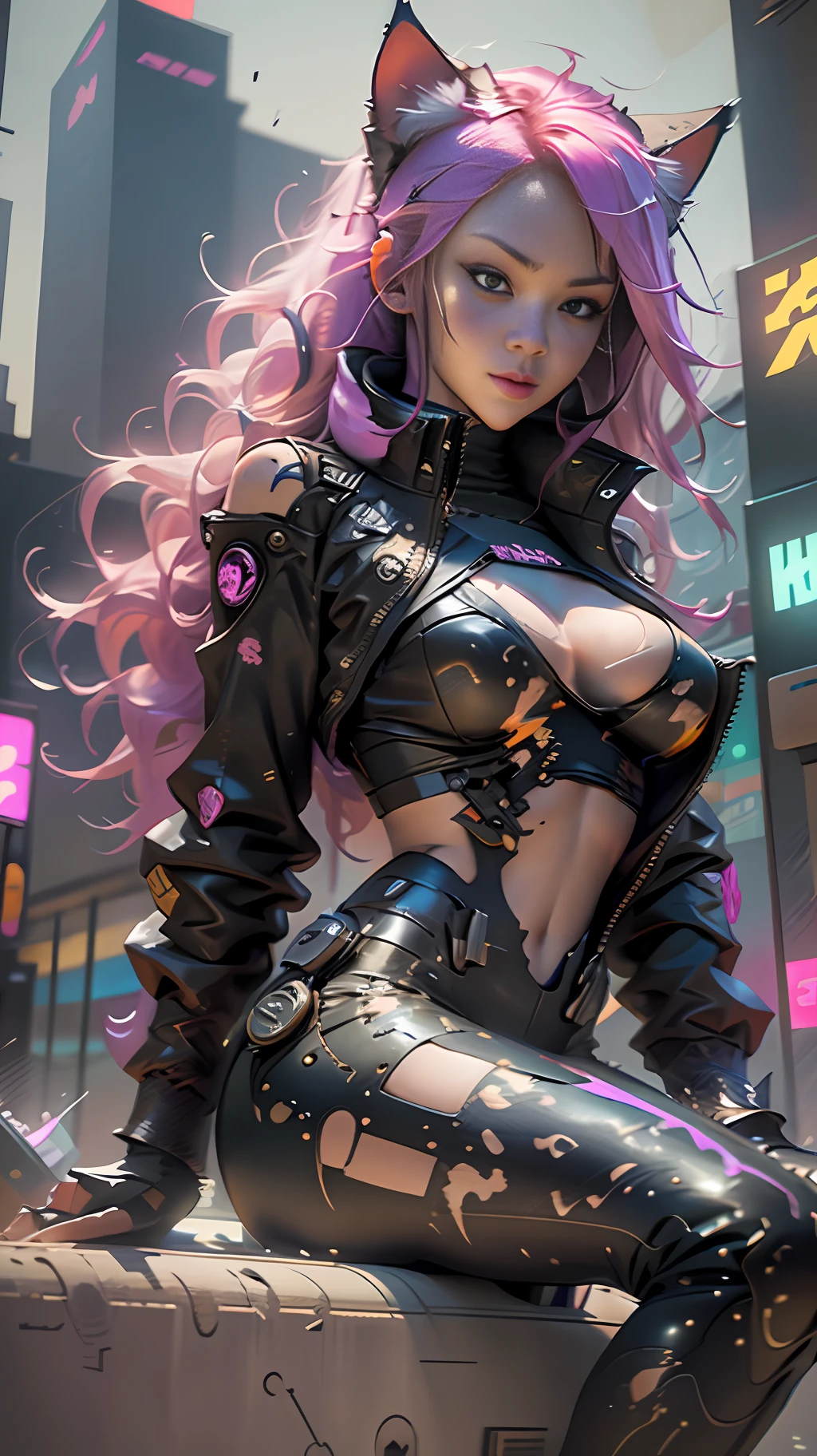 Cyberpunk neko catgirl with cyberpunk prosthetics, cat ears, yellow tech jacket, big breasts, long pink hair, ((sitting pose)), cyberpunk city streets, futuristic style, Sci-fi, hyper detailed, photorealism, hyper realism, painting, 8K, HD, super resolution , Cinematic lighting, Long Exposure, 8K, HD, Super-Resolution, mid field focus, portrait photography