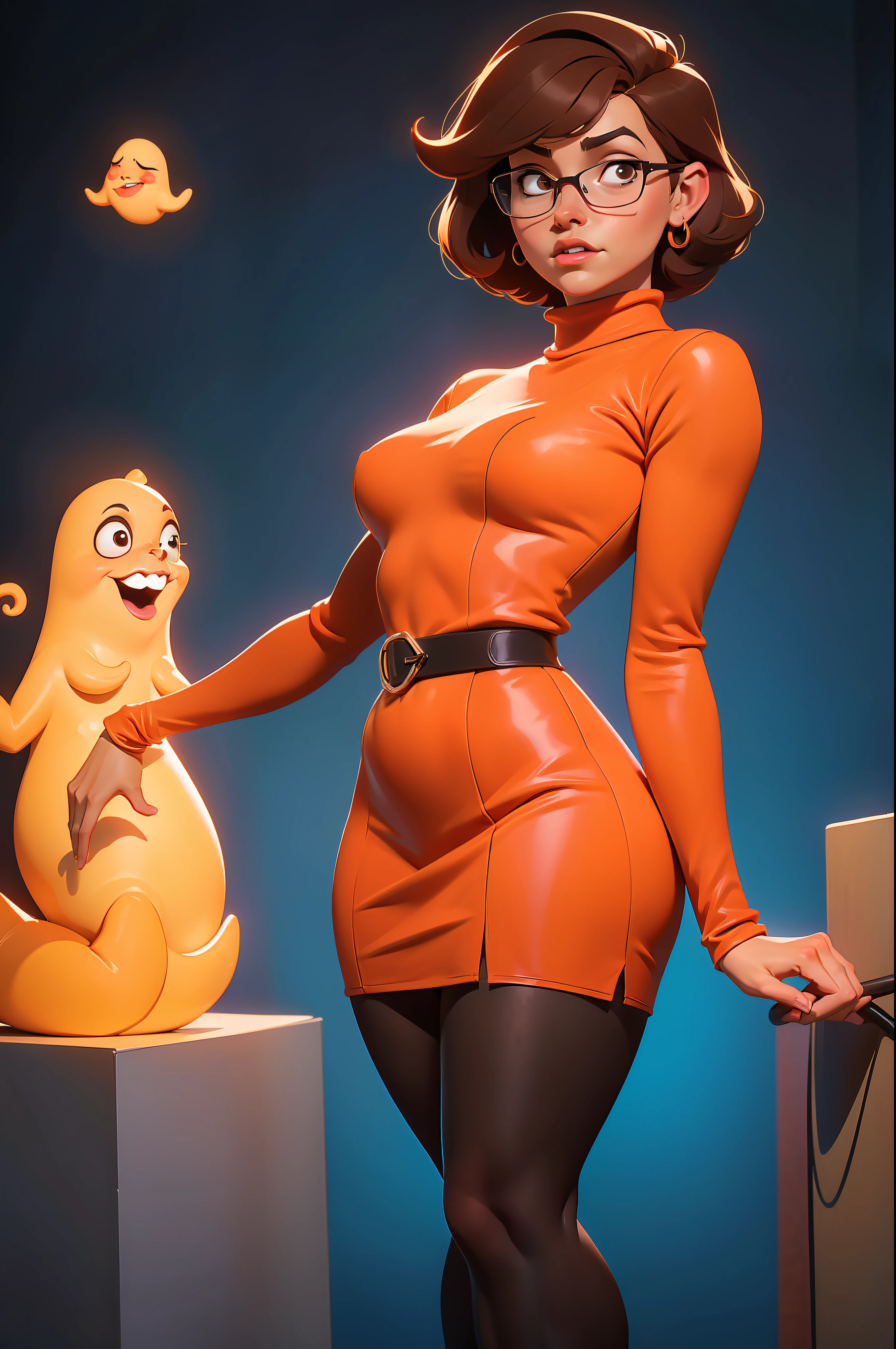 (((perfect body))), (((voluptuous))), ((((hot))), thick thighs, age Velma Dace Dinkley (from the Scooby-Doo series), posing for self with a ghost behind her, arm stretched out for freight as if she were holding a cell phone, comical scene, perfect body, gorgeous and intelligent face, front view, mini skirt, glasses, large breasts, hot, short brown hair, orange turtleneck blouse, red skirt, waist up