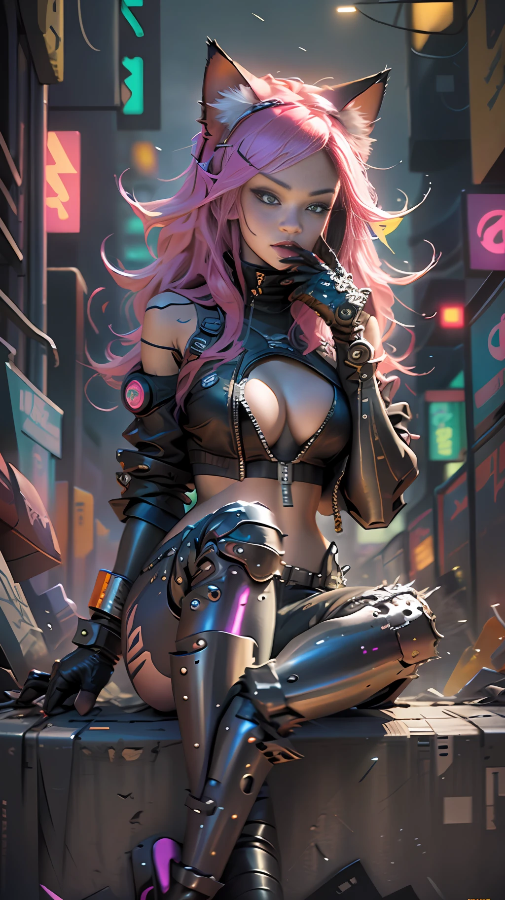 Cyberpunk neko catgirl with cyberpunk prosthetics, cat ears, yellow tech jacket, big breasts, long pink hair, ((sitting pose)), cyberpunk city streets, futuristic style, Sci-fi, hyper detailed, photorealism, hyper realism, painting, 8K, HD, super resolution , Cinematic lighting, Long Exposure, 8K, HD, Super-Resolution, mid field focus, portrait photography