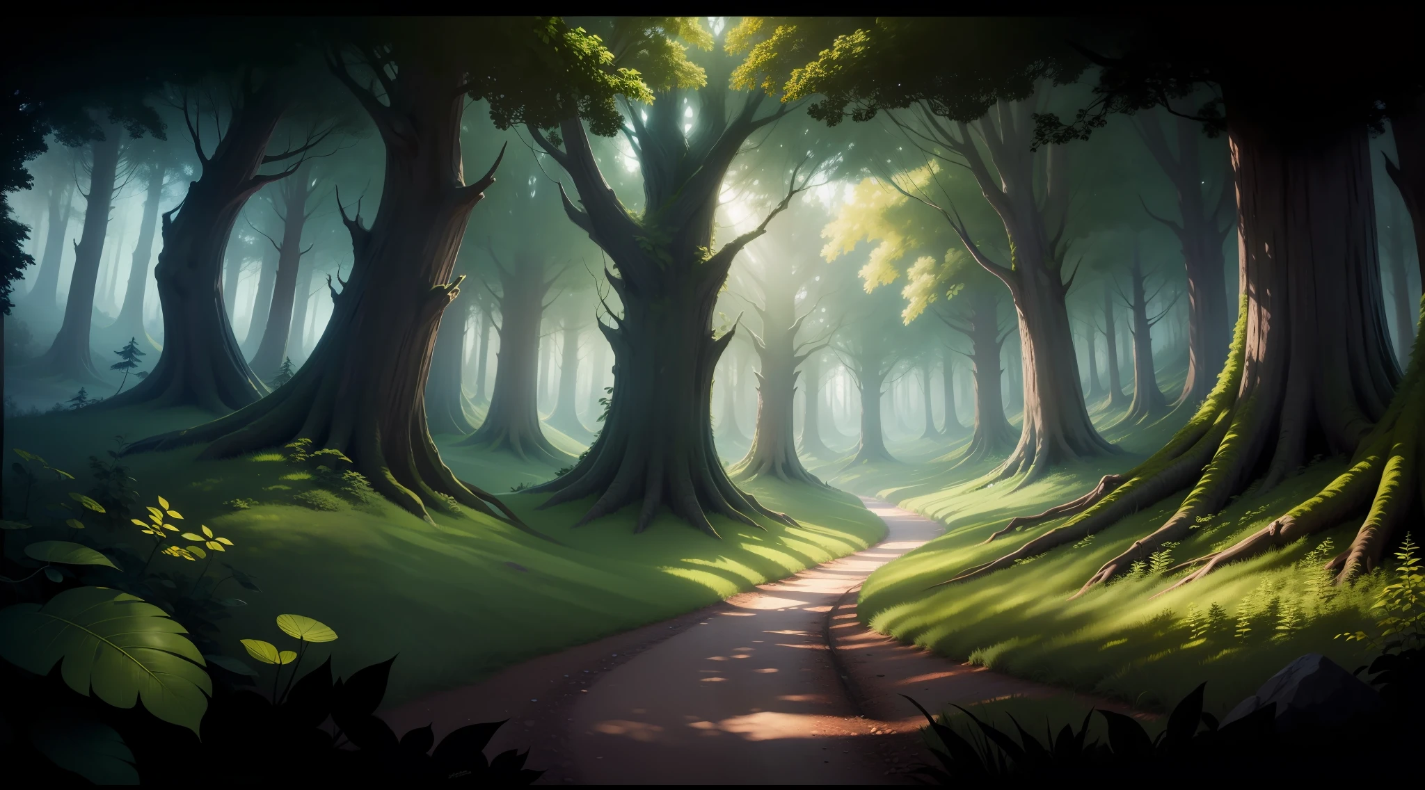 enchanted forest landscape panoramic view, intricate details, 8k, uhd, severe low lighting, high quality, sharp focus, fujifilm XT3, drawing style