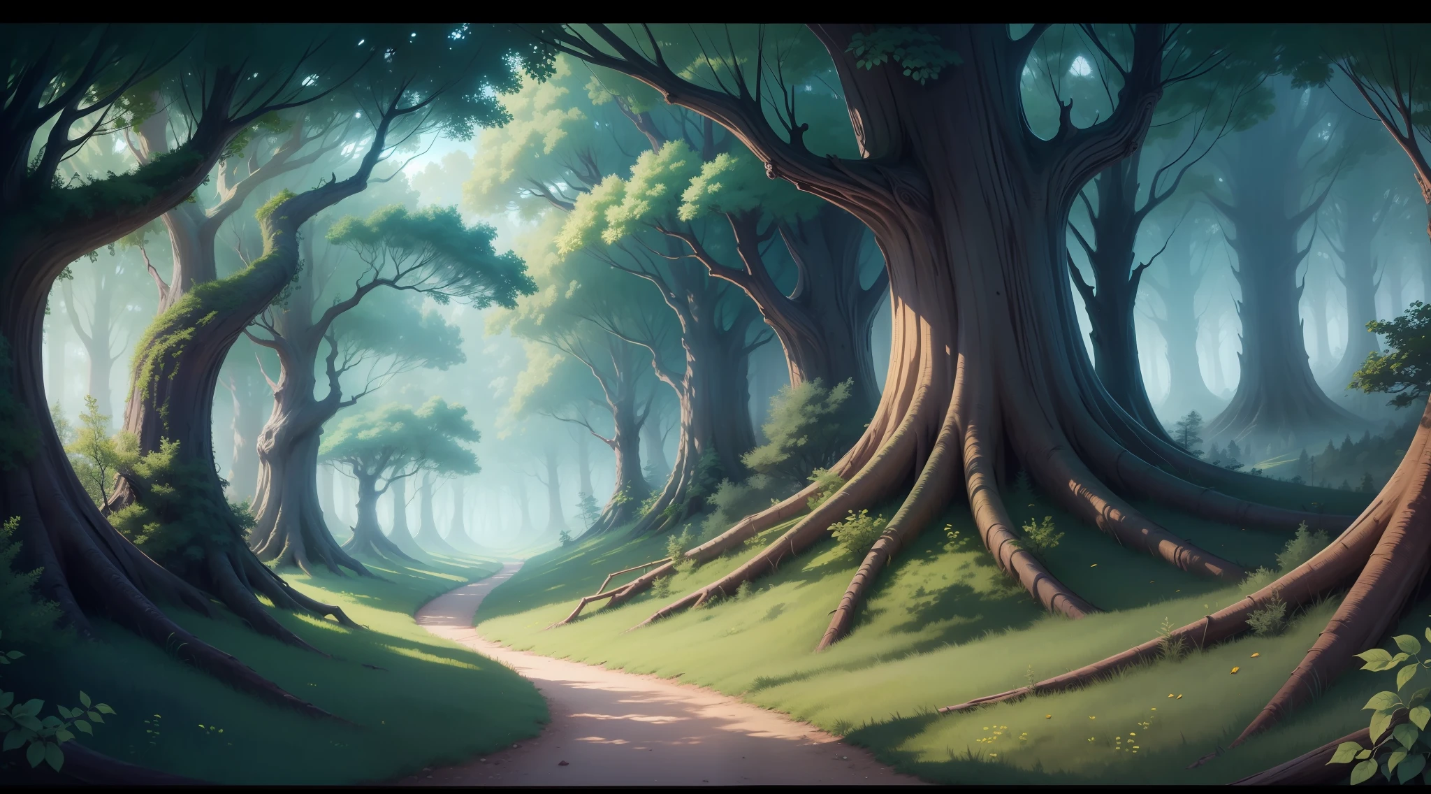 enchanted forest landscape panoramic view, intricate details, 8k, uhd, severe low lighting, high quality, sharp focus, fujifilm XT3, drawing style