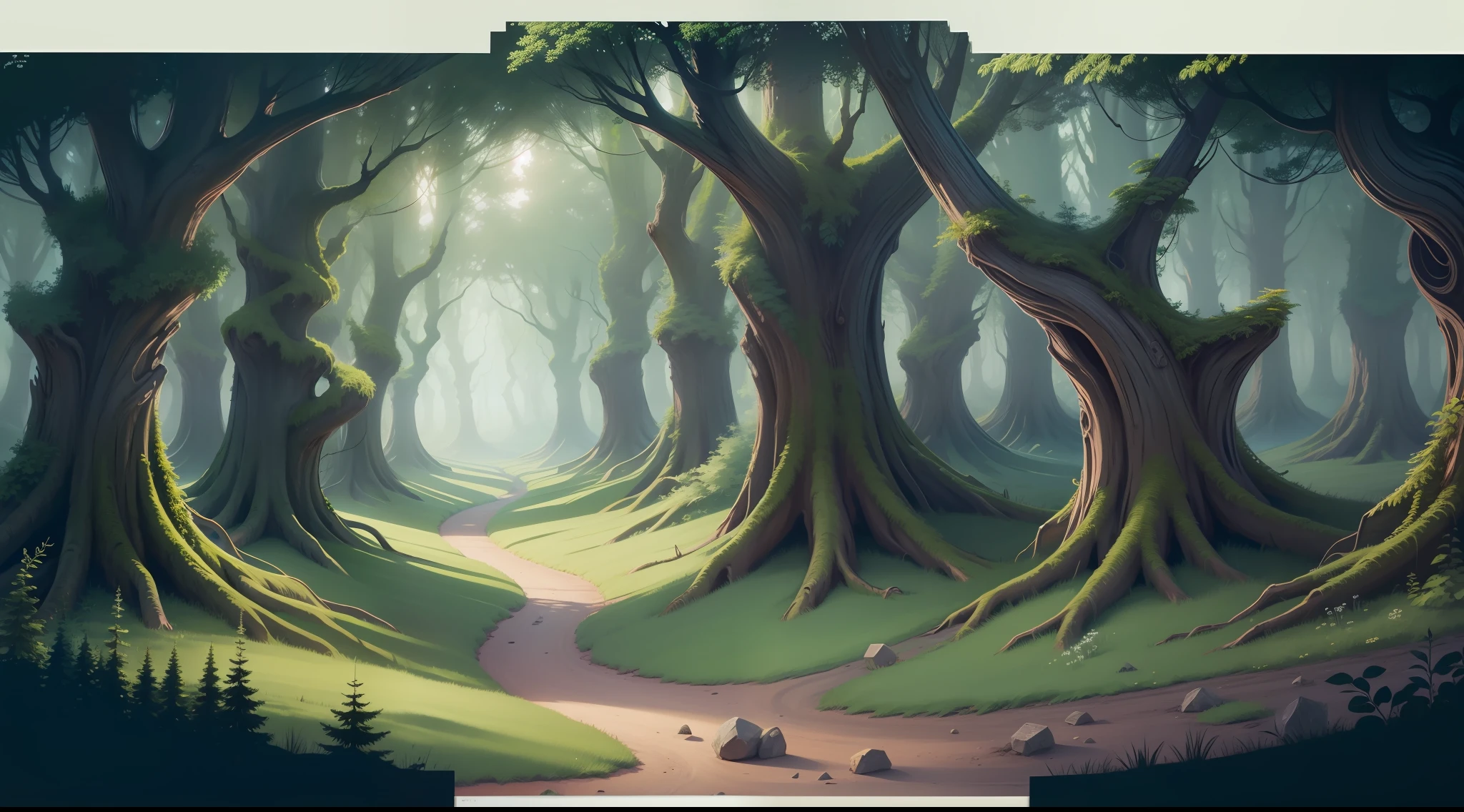 enchanted forest landscape panoramic view, intricate details, 8k, uhd, severe low lighting, high quality, sharp focus, fujifilm XT3, drawing style