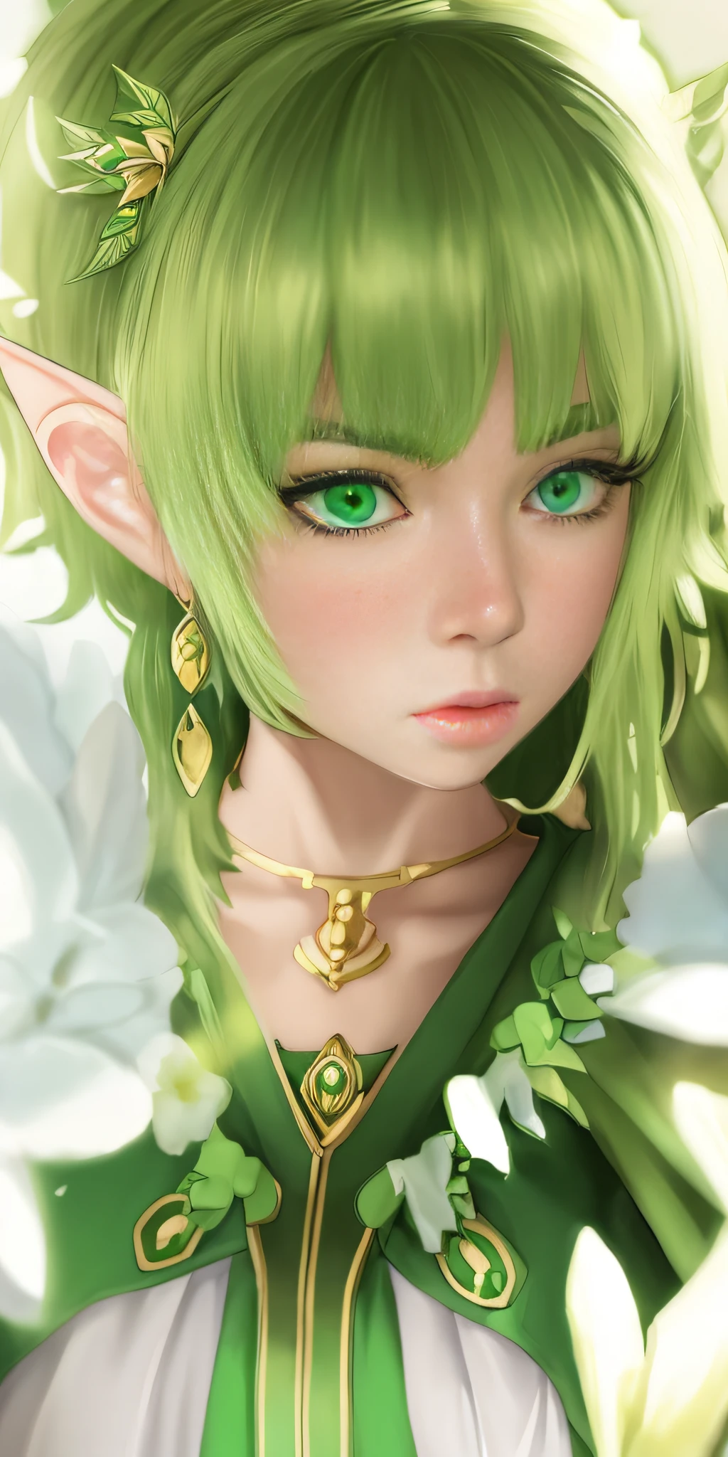 anime girl with green eyes and a green dress, she has elf ears and gold eyes, stunning anime face portrait, 2. 5 d cgi anime fantasy artwork, elf girl, portrait of very beautiful elf, elf princess, 3 d anime realistic, hyperrealistic fantasy art, hyper realistic anime, photorealistic anime, blond hair green eyes, detailed digital anime art
