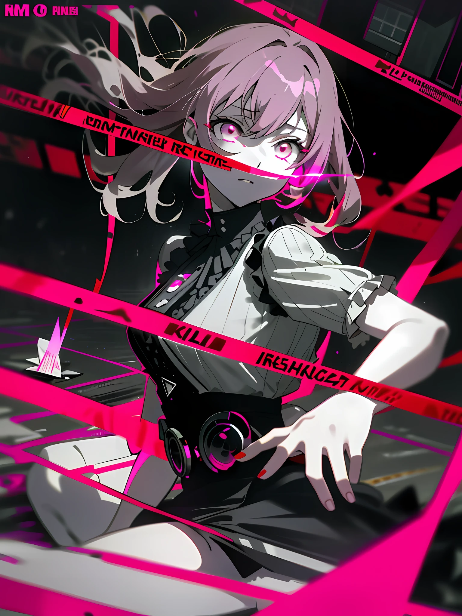 1other, akiyama mizuki, pink eyes, crime scene, caution tape, masterpiece, high quality, ethereal, dramatic, HD wallpaper, detailed, laying on the ground, thriller, drama, crime, dramatic lighting, harsh lighting, extreme contrast, black and white lighting, cyberpunk, cyberpunk vibes, murder mystery, book cover, black revealing dress