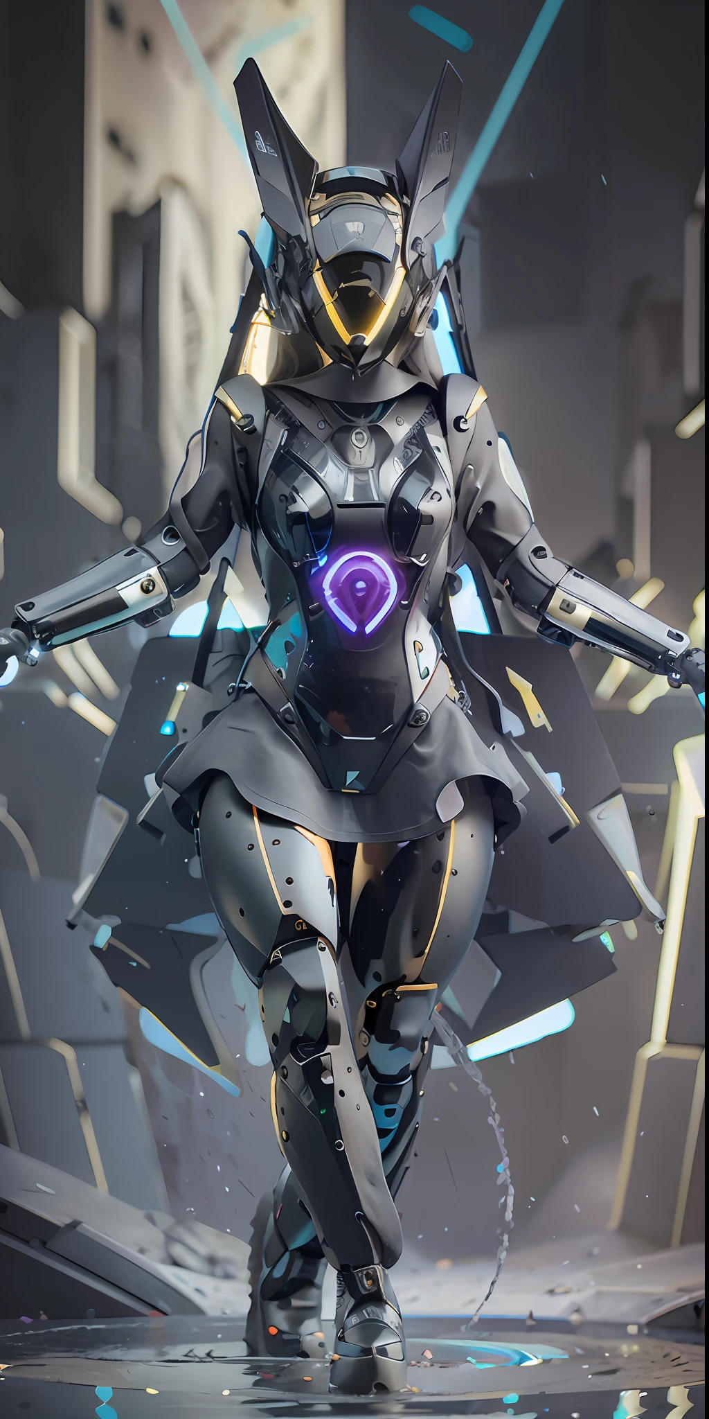 Original, masterpiece, high quality, cyborg woman full body,in a black circle illuminates the cybernetic helmet with silver ears, black and gold glossy short dress, on the moon, in water