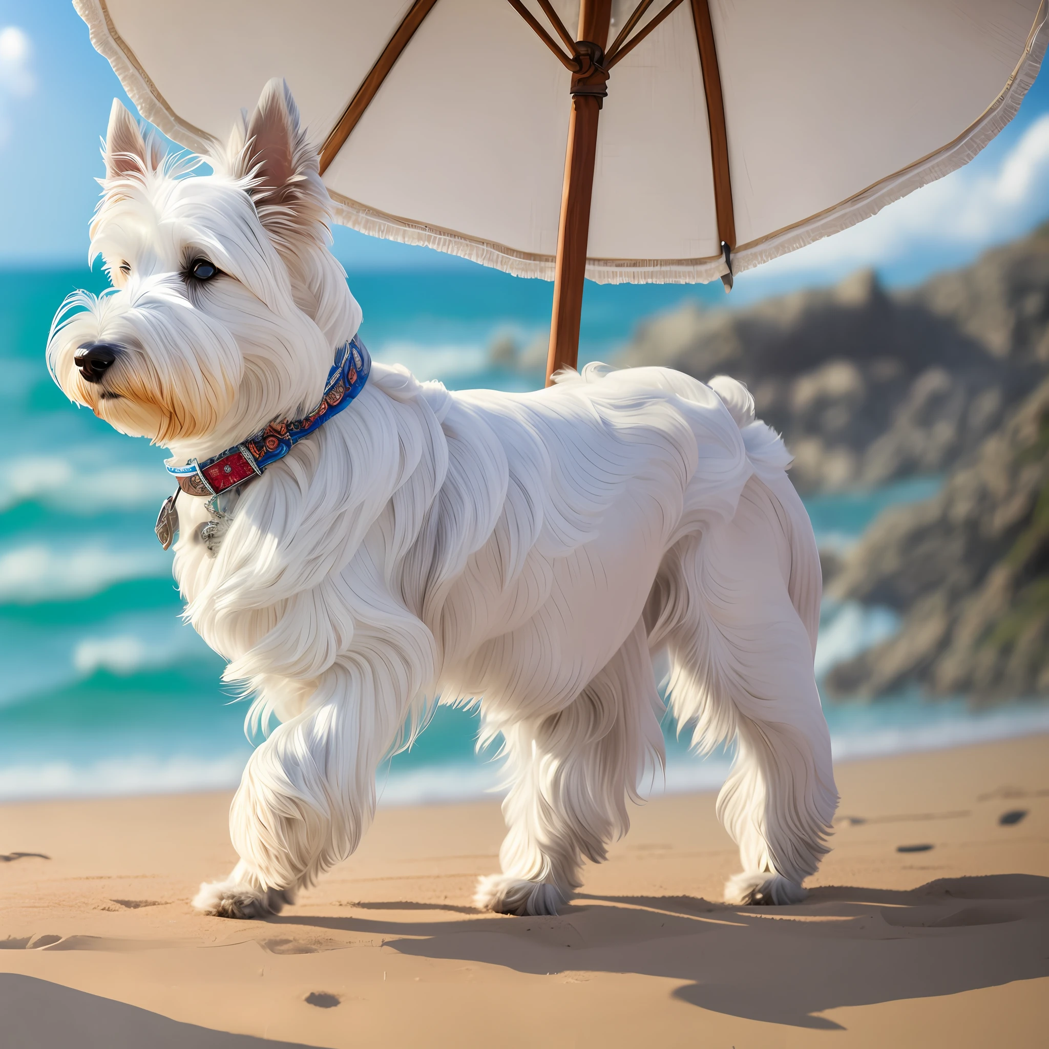 best quality, masterpiece, extremely delicate and beautiful, extremely detailed, CG, unit, 8k wallpaper, amazing, fine details, official art, incredibly absurd, ultra-detailed, highres, wide angle, sheltievivi, dog, ((beach)),white Schnauzer