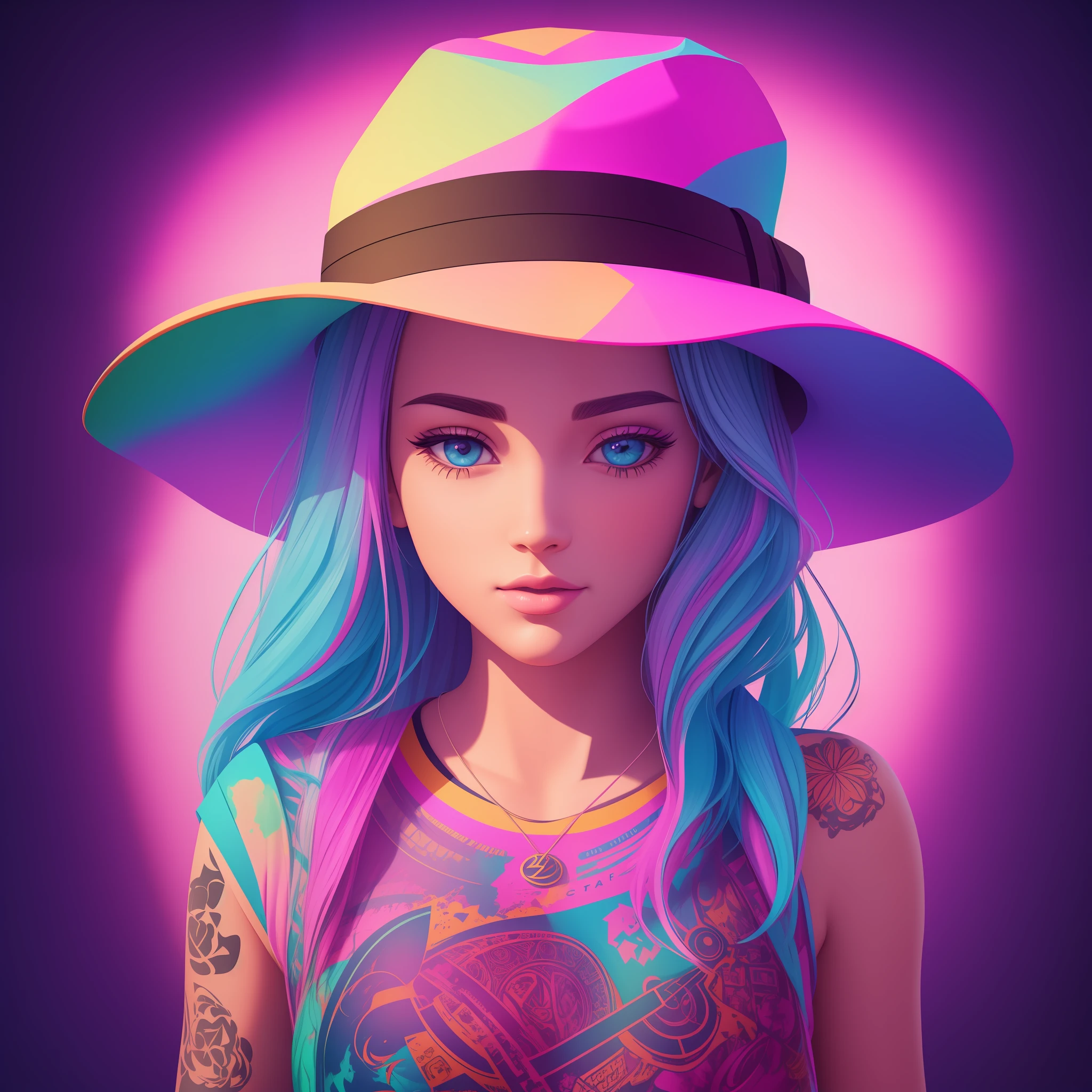 A detailed illustration of a beautiful girl, wearing a hat, the girl have tattoos in the arms, psychedelic artsyle, t-shirt design, splatter artstyle, pastel tetradic colors, 3D vector art, fantasy art, watercolor effect, Adobe Illustrator, hand-drawn, digital painting, low-poly, soft lighting, isometric style, retro aesthetic focused on the character, 4K resolution, photorealistic rendering, using Cinema 4D