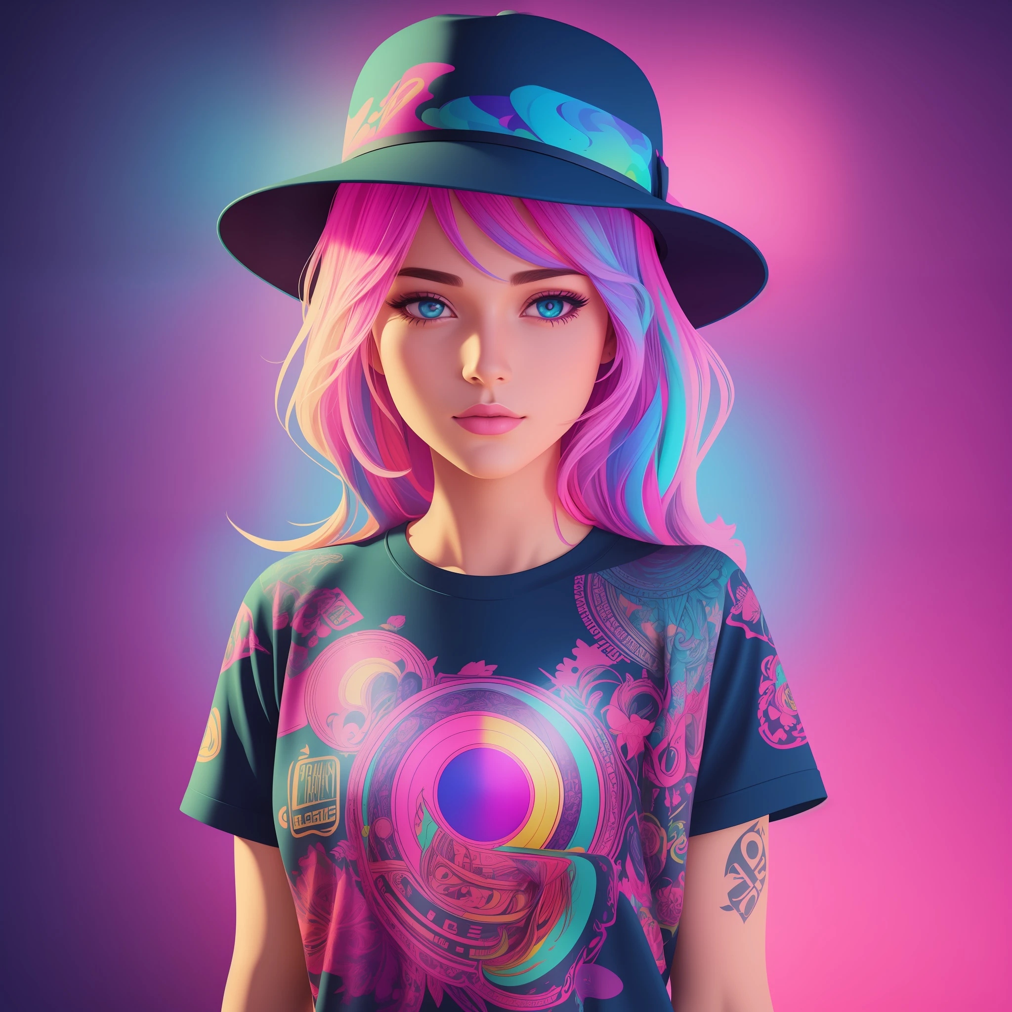 A detailed illustration of a beautiful girl, wearing a hat, the girl have tattoos in the arms, psychedelic artsyle, t-shirt design, splatter artstyle, pastel tetradic colors, 3D vector art, fantasy art, watercolor effect, Adobe Illustrator, hand-drawn, digital painting, low-poly, soft lighting, isometric style, retro aesthetic focused on the character, 4K resolution, photorealistic rendering, using Cinema 4D