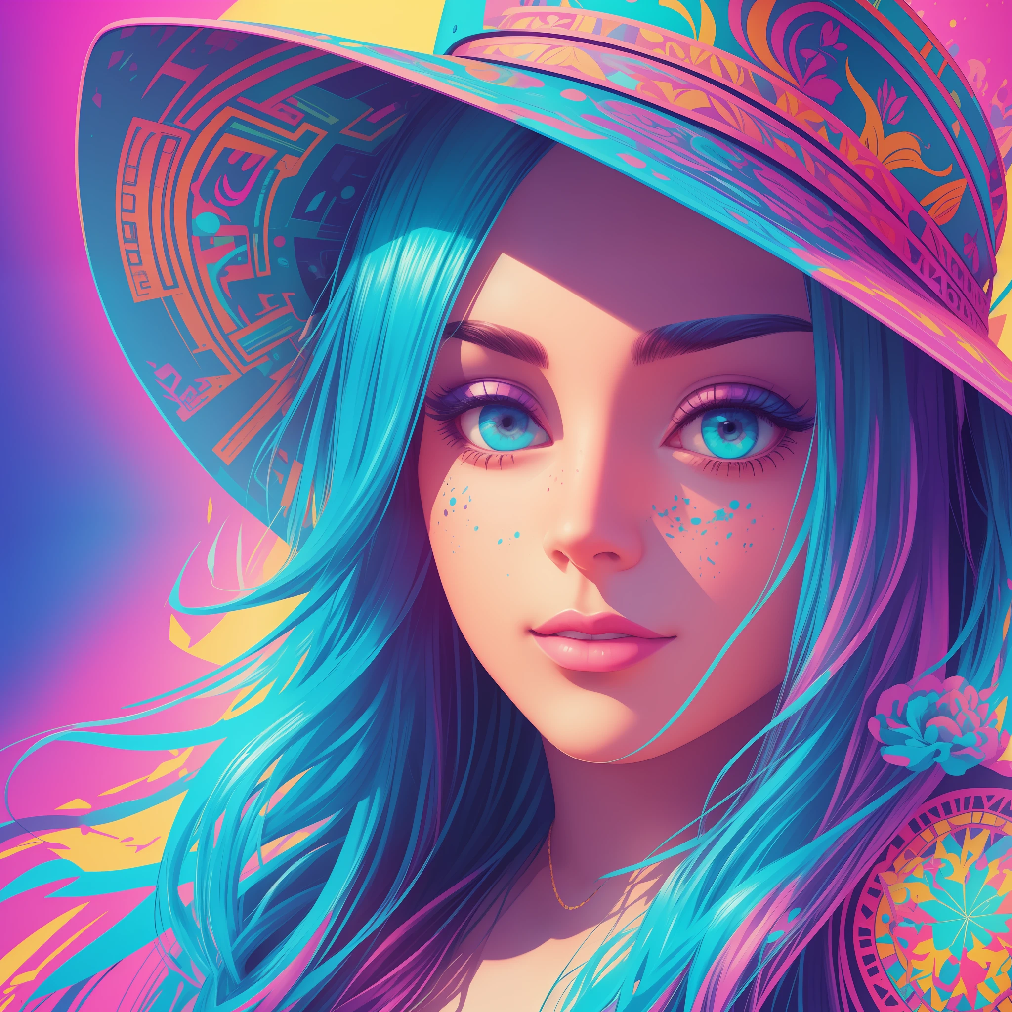 A detailed illustration of a beautiful girl, wearing a hat, the girl have tattoos in the arms, psychedelic artsyle, t-shirt design, splatter artstyle, pastel tetradic colors, 3D vector art, fantasy art, watercolor effect, Adobe Illustrator, hand-drawn, digital painting, low-poly, soft lighting, isometric style, retro aesthetic focused on the character, 4K resolution, photorealistic rendering, using Cinema 4D