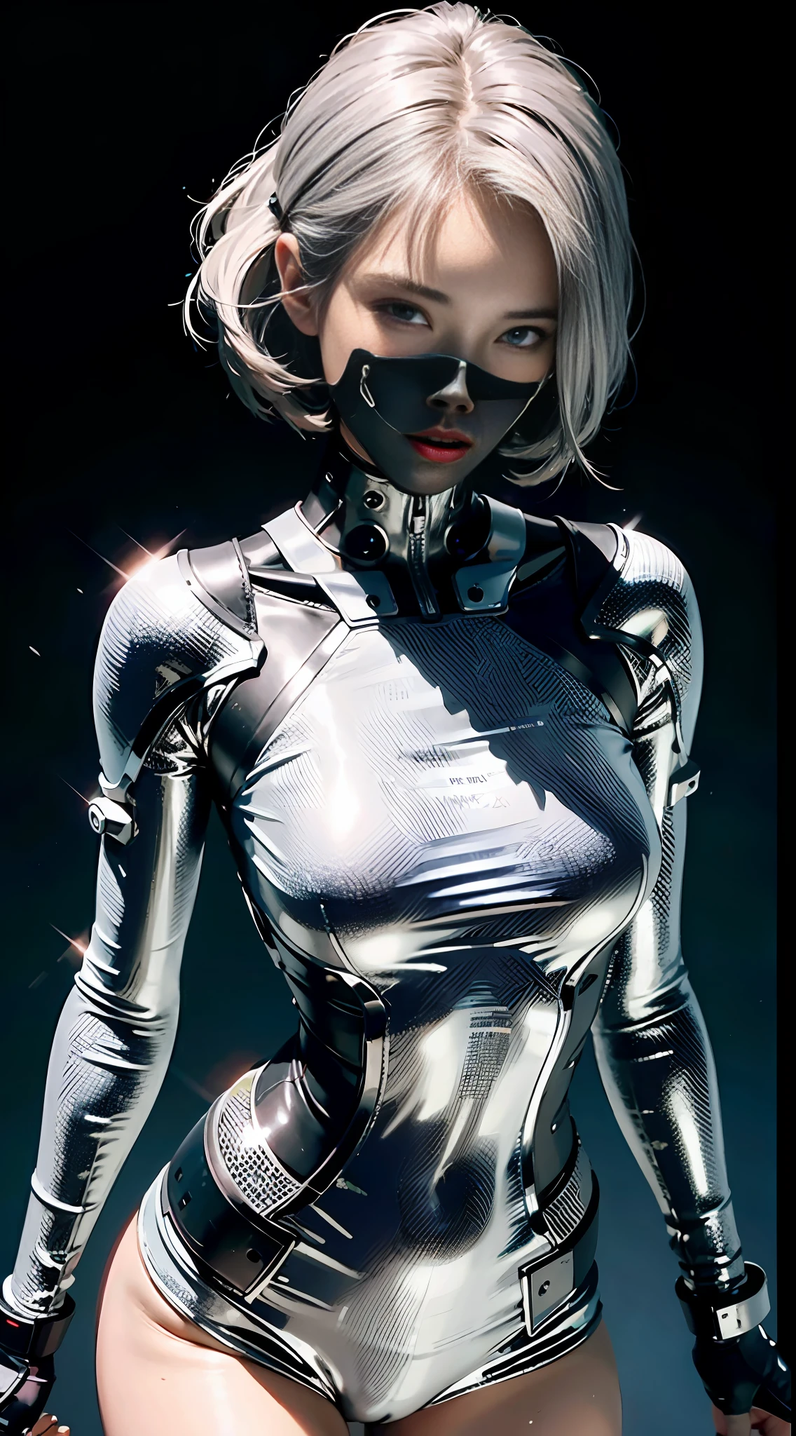 Beautiful cybernetic girl looking at camera, underwear, detailed muscles, realistic masterpiece, short silver hair