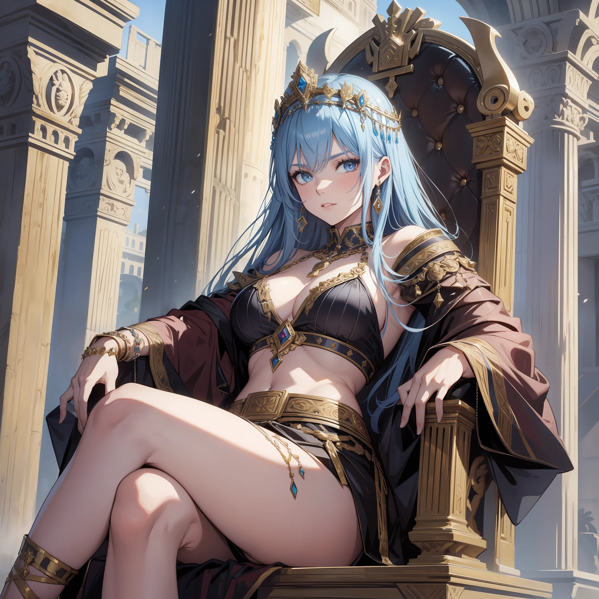ancient roman fantasy, beautiful roman queen, cool, edgy, sitting on throne, royal, jewelry
