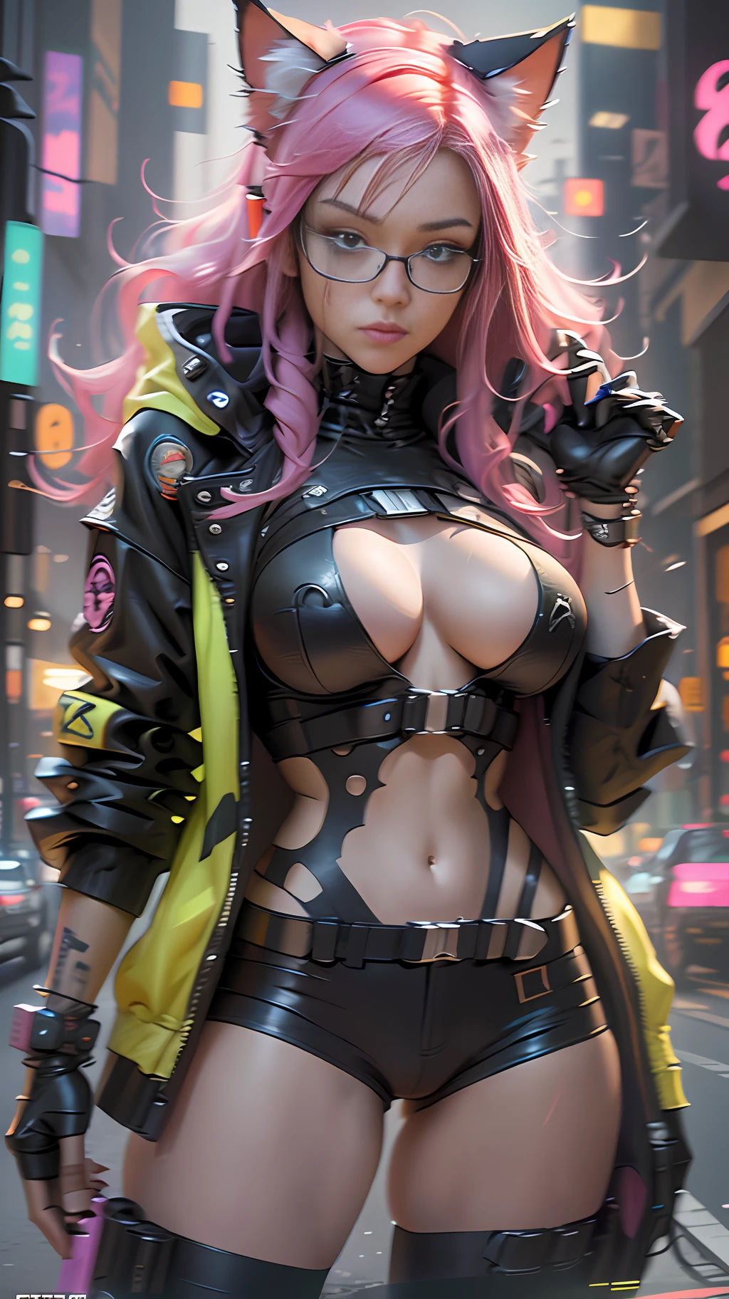 Cyberpunk neko catgirl with cyberpunk prosthetics portrait photograph, cat ears, yellow tech jacket, big breasts, long pink hair, cyberpunk city streets, futuristic style, Sci-fi, hyper detailed, photorealism, hyper realism, painting, 8K, HD, super resolution , Cinematic lighting, Long Exposure, 8K, HD, Super-Resolution, depth of field