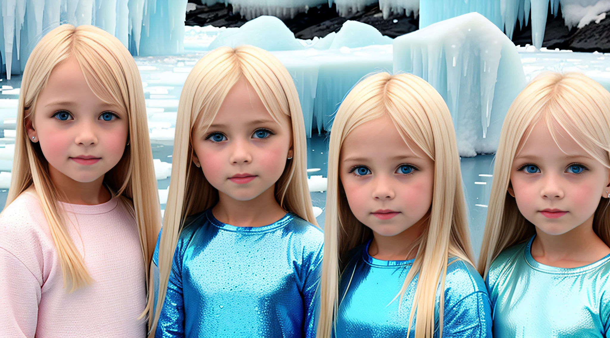 girls blonde children WITH STRAIGHT HAIR, BACKGROUND blue peroil, ice very ice.