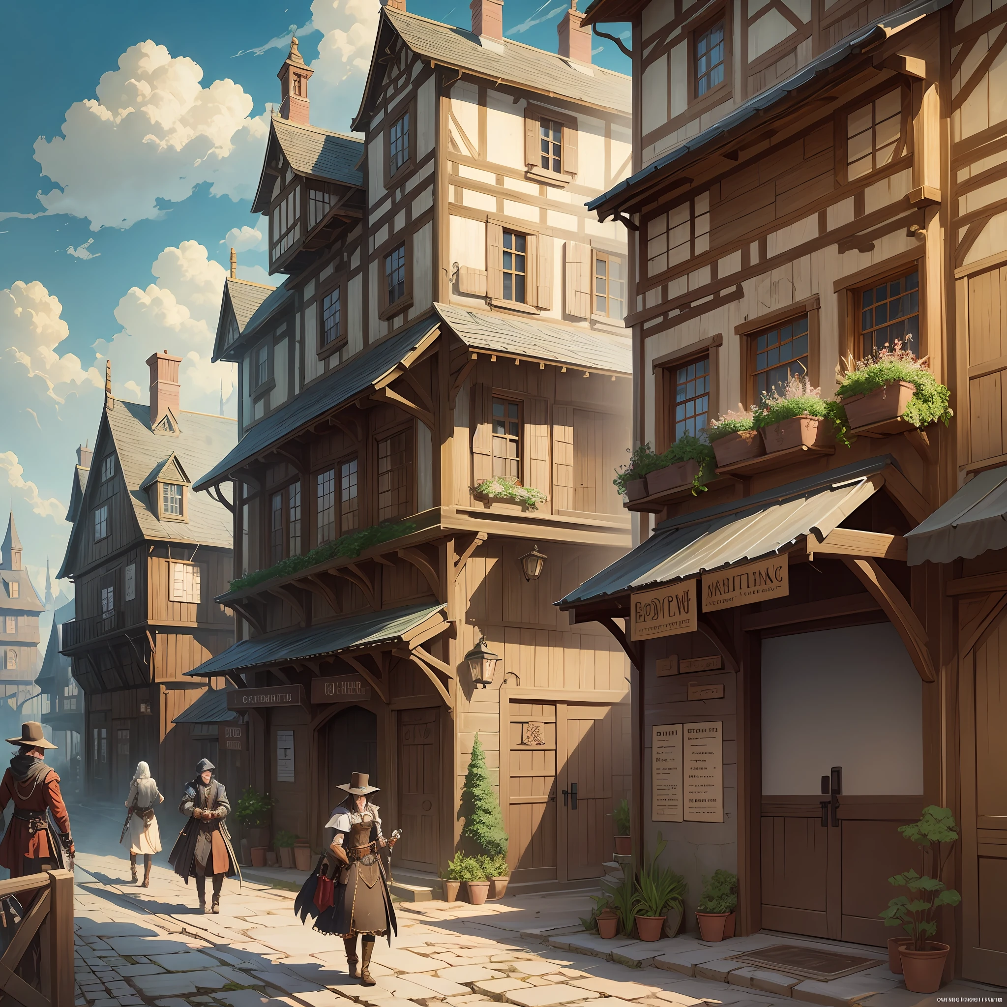 A medieval town steampunck in anime drawing style