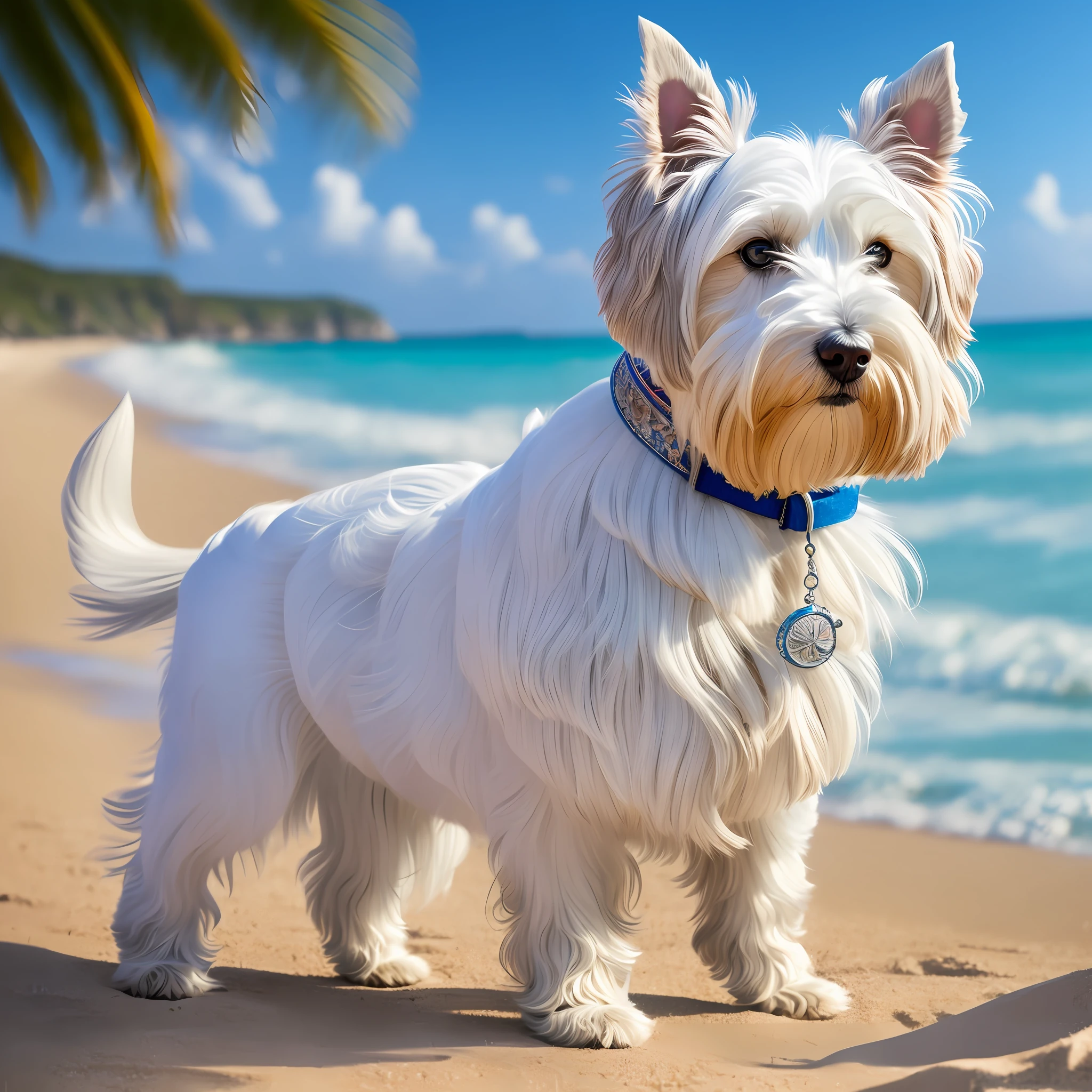best quality, masterpiece, extremely delicate and beautiful, extremely detailed, CG, unit, 8k wallpaper, amazing, fine details, official art, incredibly absurd, ultra-detailed, highres, wide angle, sheltievivi, dog, ((beach)),white Schnauzer