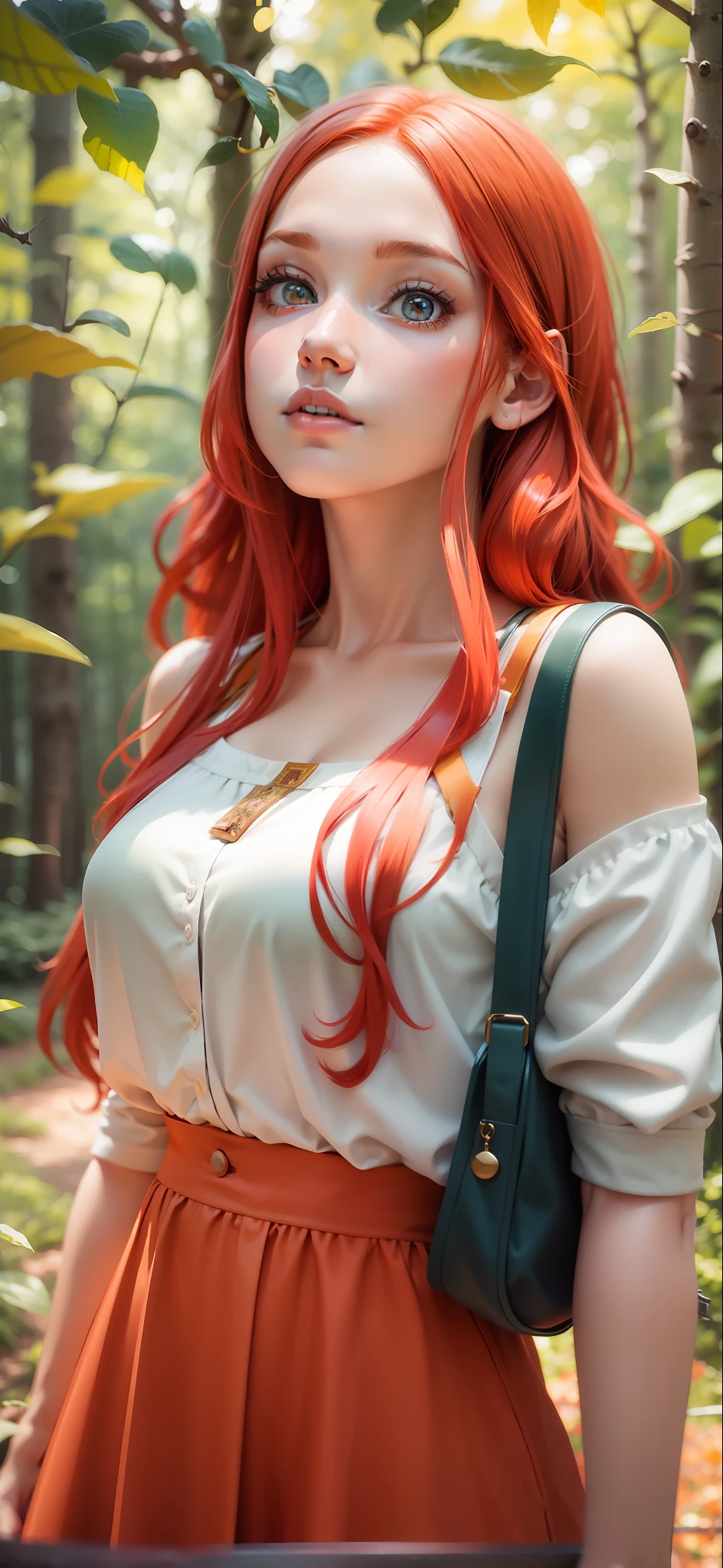 Red-haired girl, natural light, colorful forest in the background, enchanted world