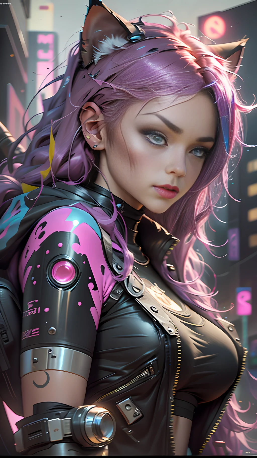 Close up portrait photograph of a Cyberpunk neko catgirl with cyberpunk prosthetics, cat ears, yellow tech jacket, big breasts, long pink hair, cyberpunk city streets, futuristic style, Sci-fi, hyper detailed, photorealism, hyper realism, painting, 8K, HD, super resolution , Cinematic lighting, Long Exposure, 8K, HD, Super-Resolution, depth of field