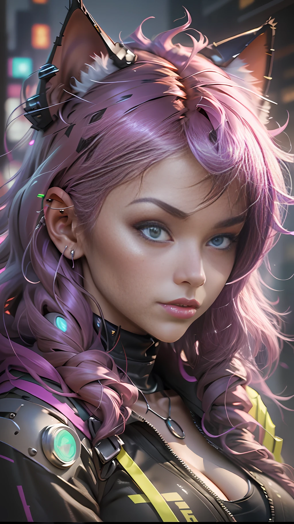 Close up portrait photograph of a Cyberpunk neko catgirl with cyberpunk prosthetics, cat ears, yellow tech jacket, big breasts, long pink hair, cyberpunk city streets, futuristic style, Sci-fi, hyper detailed, photorealism, hyper realism, painting, 8K, HD, super resolution , Cinematic lighting, Long Exposure, 8K, HD, Super-Resolution, depth of field