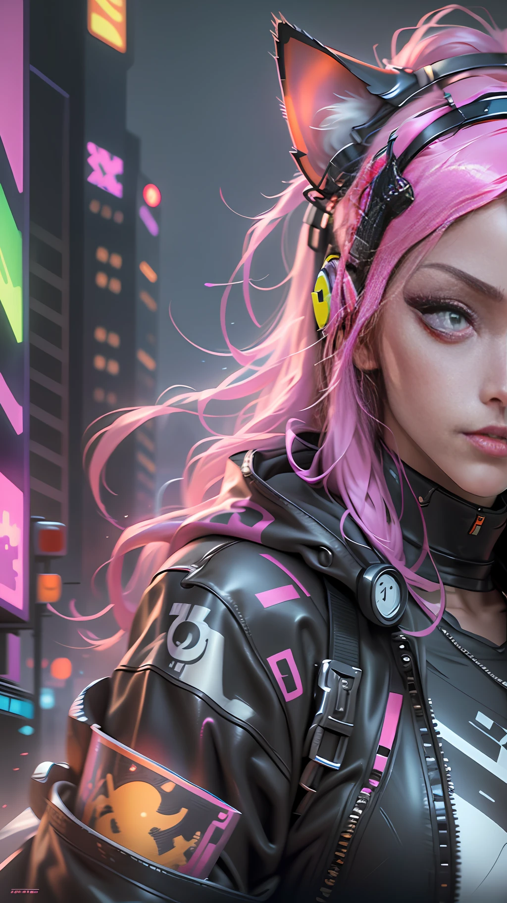 Close up portrait photograph of a Cyberpunk neko catgirl with cyberpunk prosthetics, cat ears, yellow tech jacket, big breasts, long pink hair, cyberpunk city streets, futuristic style, Sci-fi, hyper detailed, photorealism, hyper realism, painting, 8K, HD, super resolution , Cinematic lighting, Long Exposure, 8K, HD, Super-Resolution, depth of field