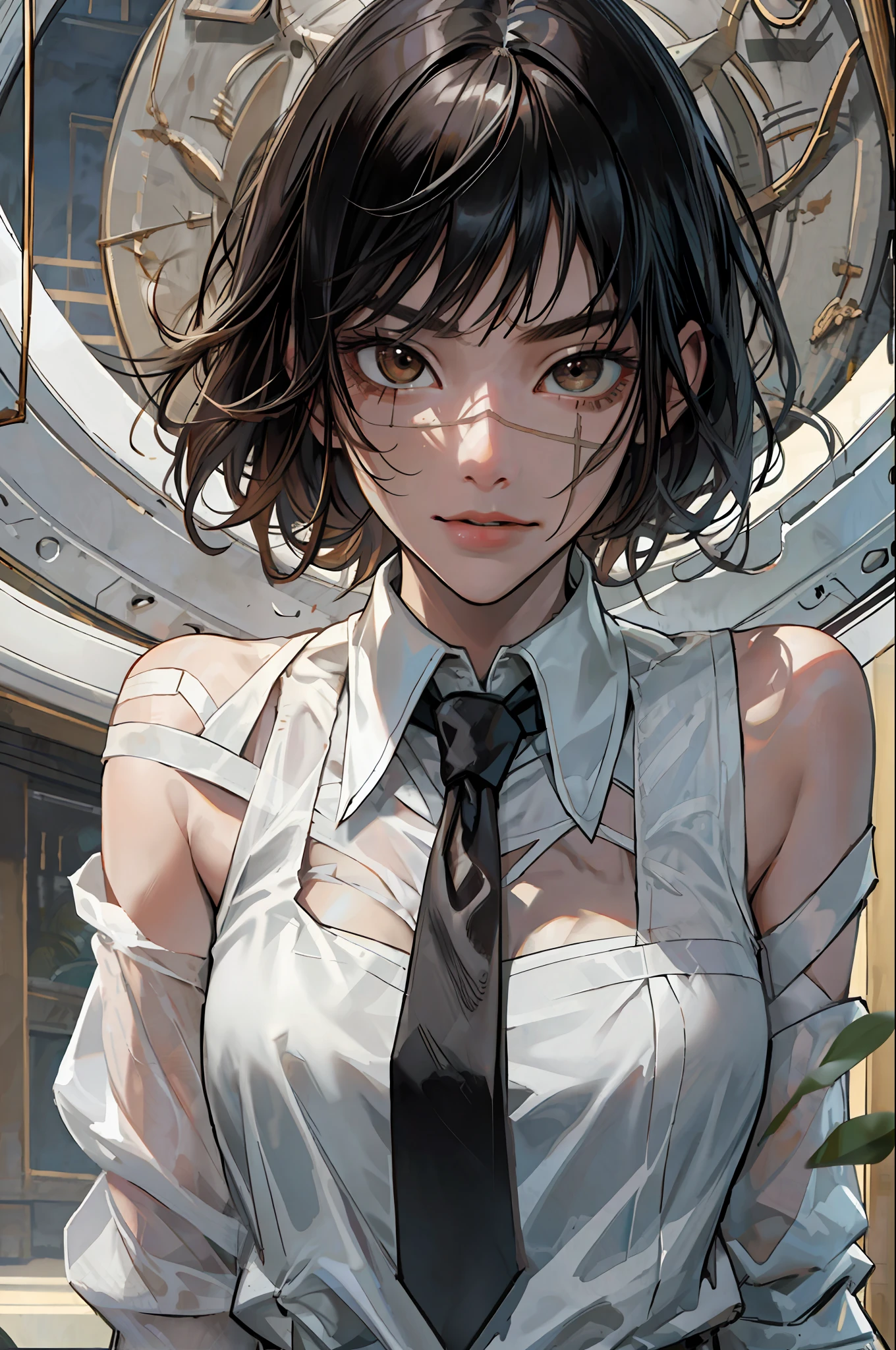 ((masterpiece, best quality)), (1girl), (solo), (female focus), yoru \(chainsaw man\),(very detailed face, real image, realistic white skin, realistic body, intricate details), upper body, serious , brown eyes, looking at the viewer, bandages over the body, black hair, far sleeve shirt, pinaforee dress, black necktie, bandages, bandages, small breasts