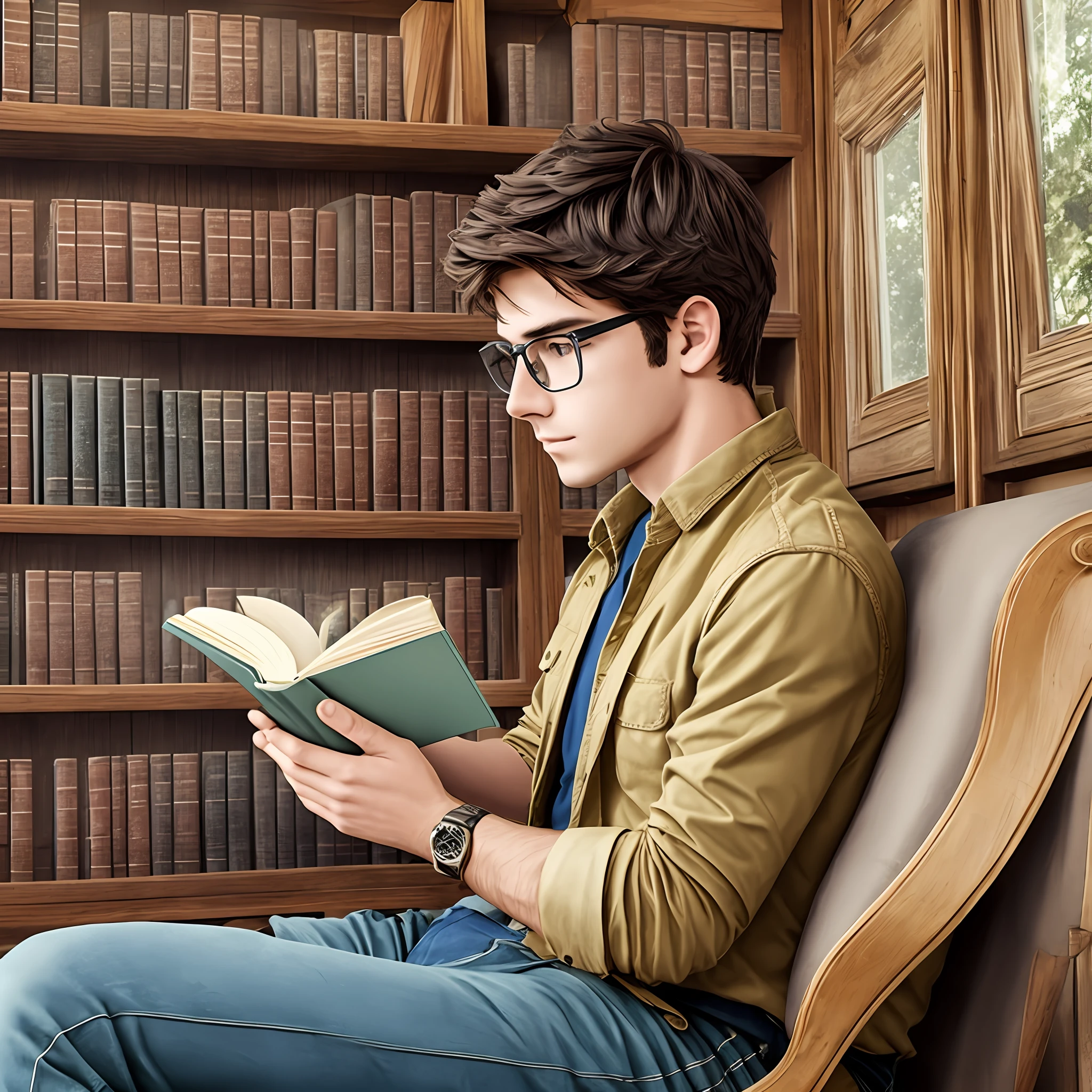 Country house, library, young man reading book, glasses --auto --s2