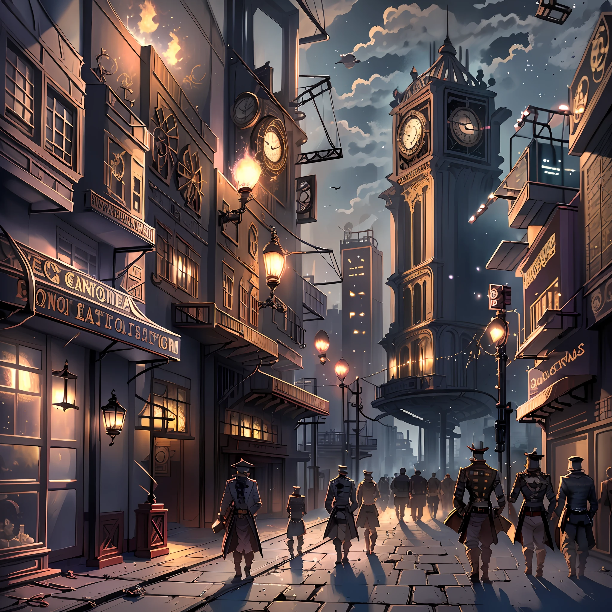 Create a scenario of a steampunk city, half gangster with lots of lights and casinos and lots of people
