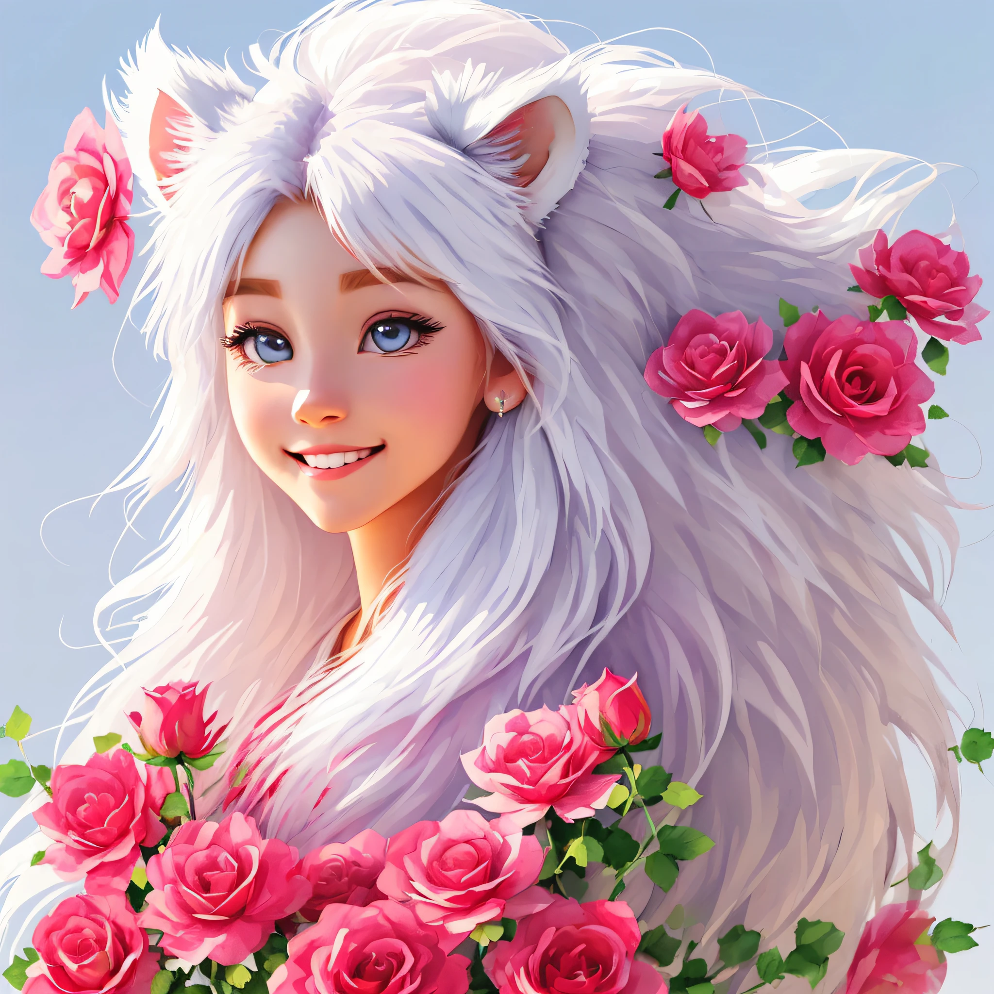 ((White background)), ((Clip art)), ((Sticker)), ((White Lion Ears)), Smile, Watercolor Beautiful wild rose fantasy art, perfect eyes with beautiful face and flowers, angel wings, Chibi cute animation style, vivid vivid colors, intricate details, isolated on white background, cute, twinkle