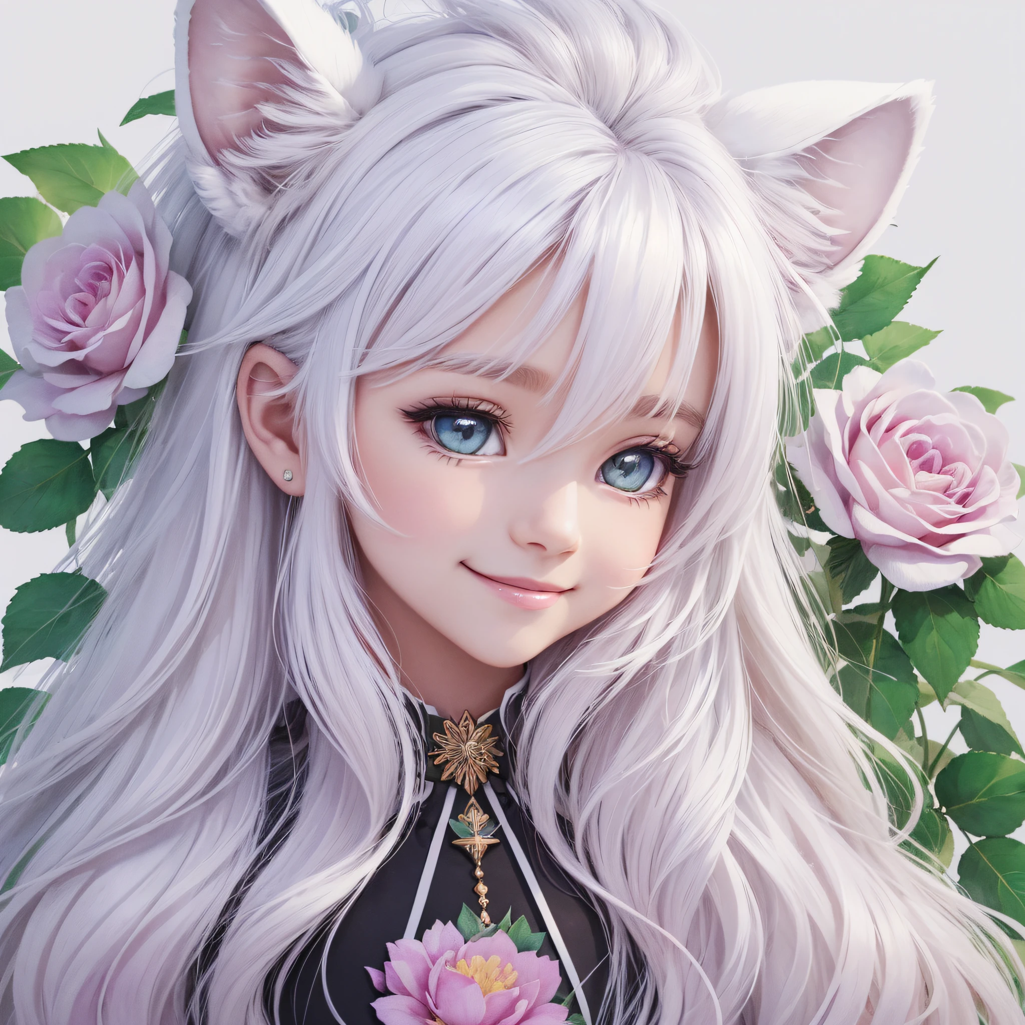 ((White background)), ((Clip art)), ((Sticker)), ((White Lion Ears)), Smile, Watercolor Beautiful wild rose fantasy art, perfect eyes with beautiful face and flowers, angel wings, Chibi cute animation style, vivid vivid colors, intricate details, isolated on white background, cute, twinkle