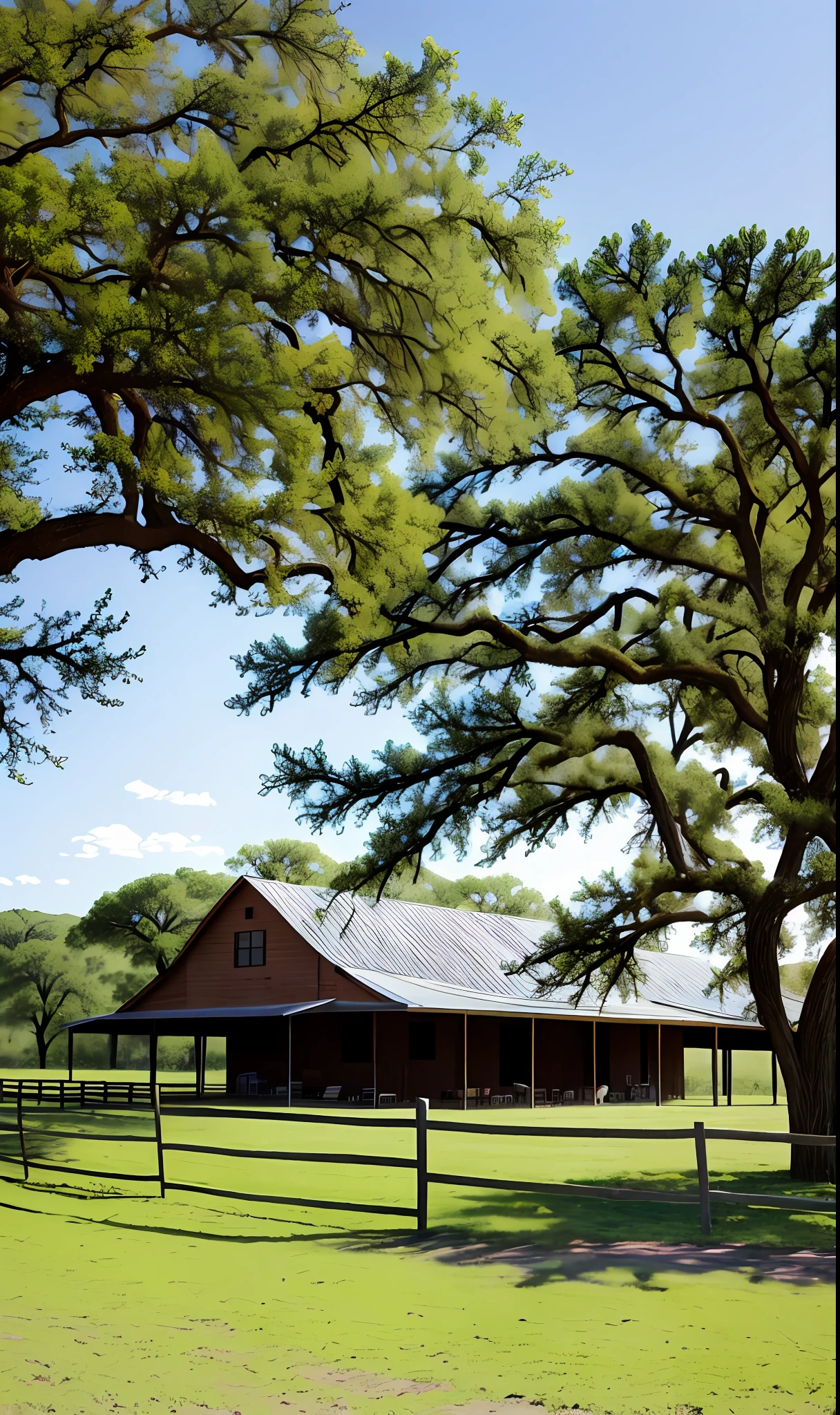 (a Texan ranch, horses and trees in the background)