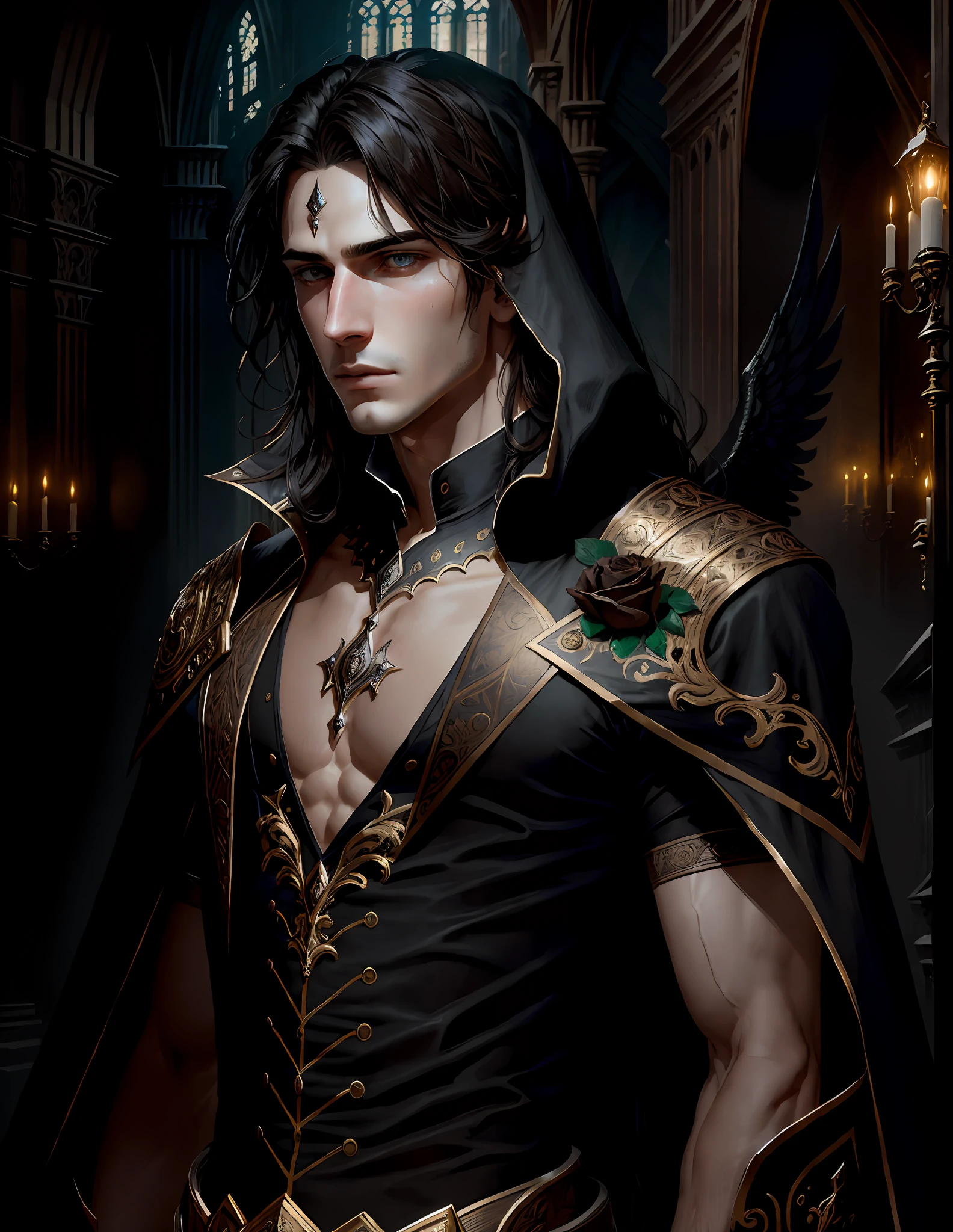masterpiece, highest quality, (solo focus), (perfect face: 1.1), (high detail: 1.1), dramatic, 1guy, beautiful boy (pale skin), man with robust body, long straight black hair, brown eyes, [dark eyebrows], solo, long hair, moon, night, beige luxury suit, navel covered, god, possi crow's wings, warlike appearance, serious, shed lips, (beauty marks), gothic city,  Detailed background, art by Artgerm and Greg Rutkowski, cinematic lighting, roses, man, boy,