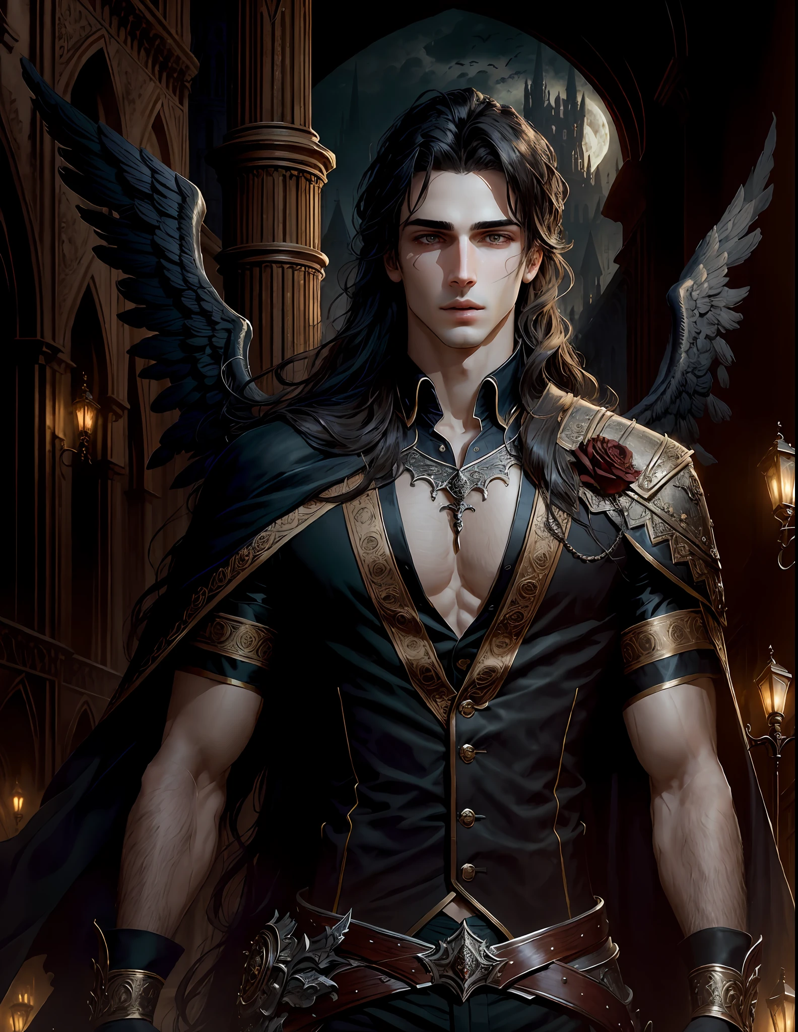 masterpiece, highest quality, (solo focus), (perfect face: 1.1), (high detail: 1.1), dramatic, 1guy, beautiful boy (pale skin), man with robust body, long straight black hair, brown eyes, [dark eyebrows], solo, long hair, moon, night, beige luxury suit, navel covered, god, possi crow's wings, warlike appearance, serious, shed lips, (beauty marks), gothic city,  Detailed background, art by Artgerm and Greg Rutkowski, cinematic lighting, roses, man, boy,