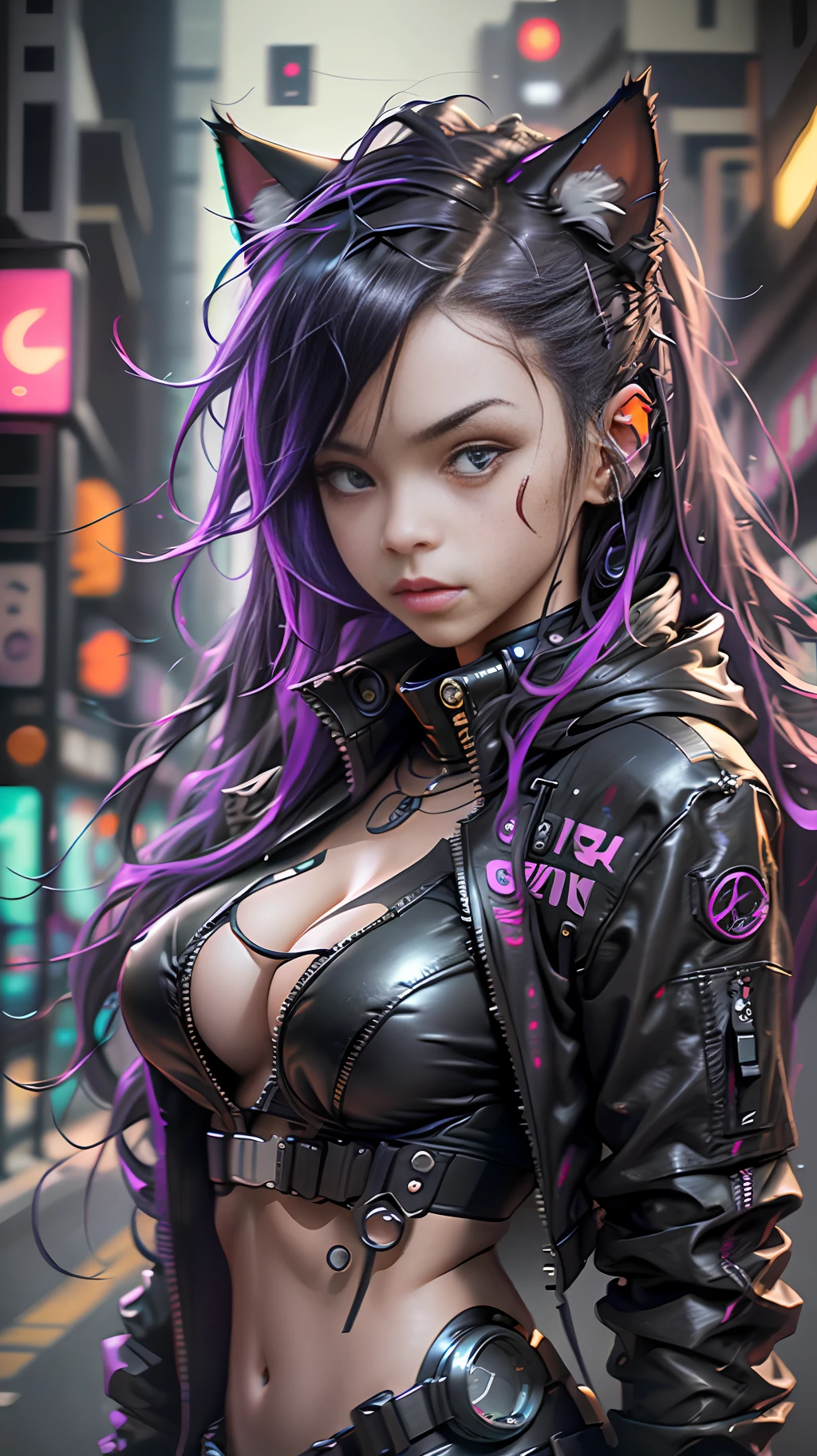 Cyberpunk neko catgirl with cyberpunk prosthetics portrait photograph, cat ears, tech jacket, big breasts, long hair, cyberpunk city streets, futuristic style, Sci-fi, hyper detailed, photorealism, hyper realism, painting, 8K, HD, super resolution , Cinematic lighting, contrasting light and shadow, 8K, HD, Super-Resolution, strong depth of field