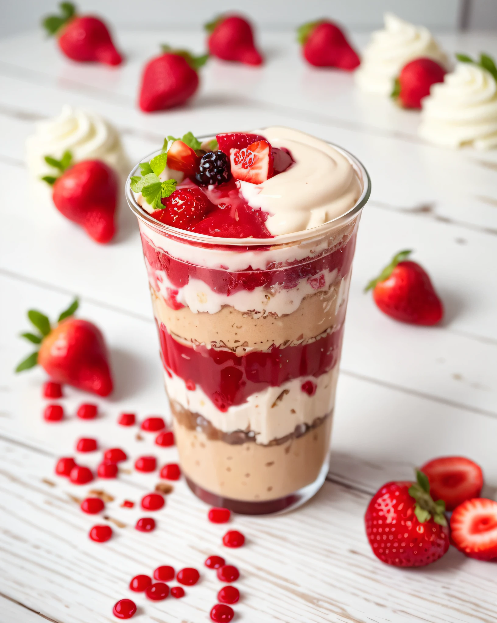 There's a dessert in a cup with fruit on the table, sea of parfait, acai smoothie explosion, milkshake, healthy, , , ❤🔥🍄🌪 yummy, berry juice drip, red velvet, berry juice, vibrant and dynamic, slush)), slush!!, 🍓 🗡 🎀 🧚 berries dripping juice