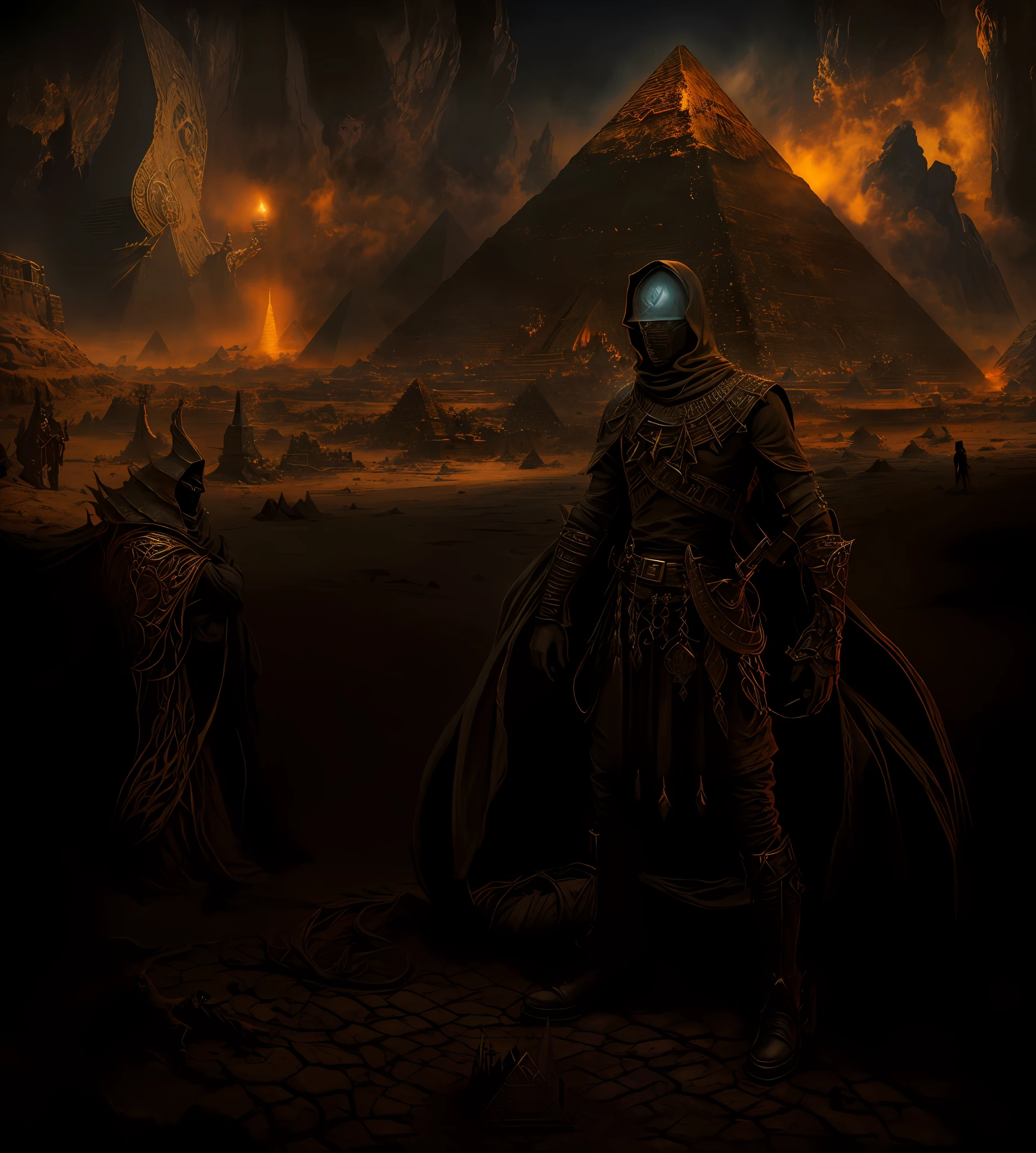 there is a man standing in front of a giant pyramid, detailed cover artwork, dark soul concept, nyarlathotep, album cover concept art, apocalypse art!!!!, shai-hulud, just art for dark metal music, dark high-contrast concept art, dark concept art, dark soul concept art, official artwork hdr